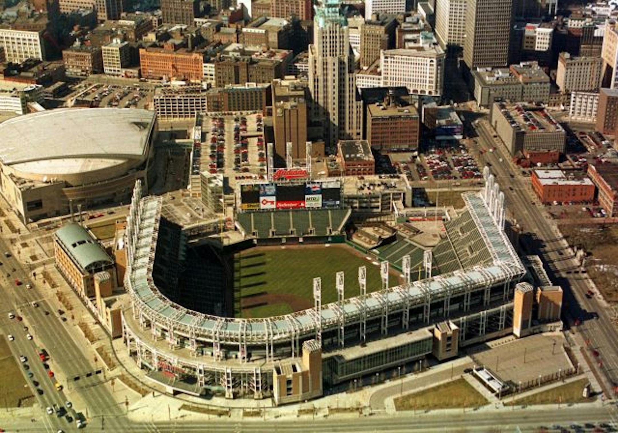 FILE--The Cleveland Indians home, Jacobs Field, is shown in a March 16, 1999 file photo. The team still has 15 years to go on its lease of the facility, but the annoucement by team owner Richard Jacobs on Thursday, May 13, 1999 that he is selling the franchise, may affect the park's name.
