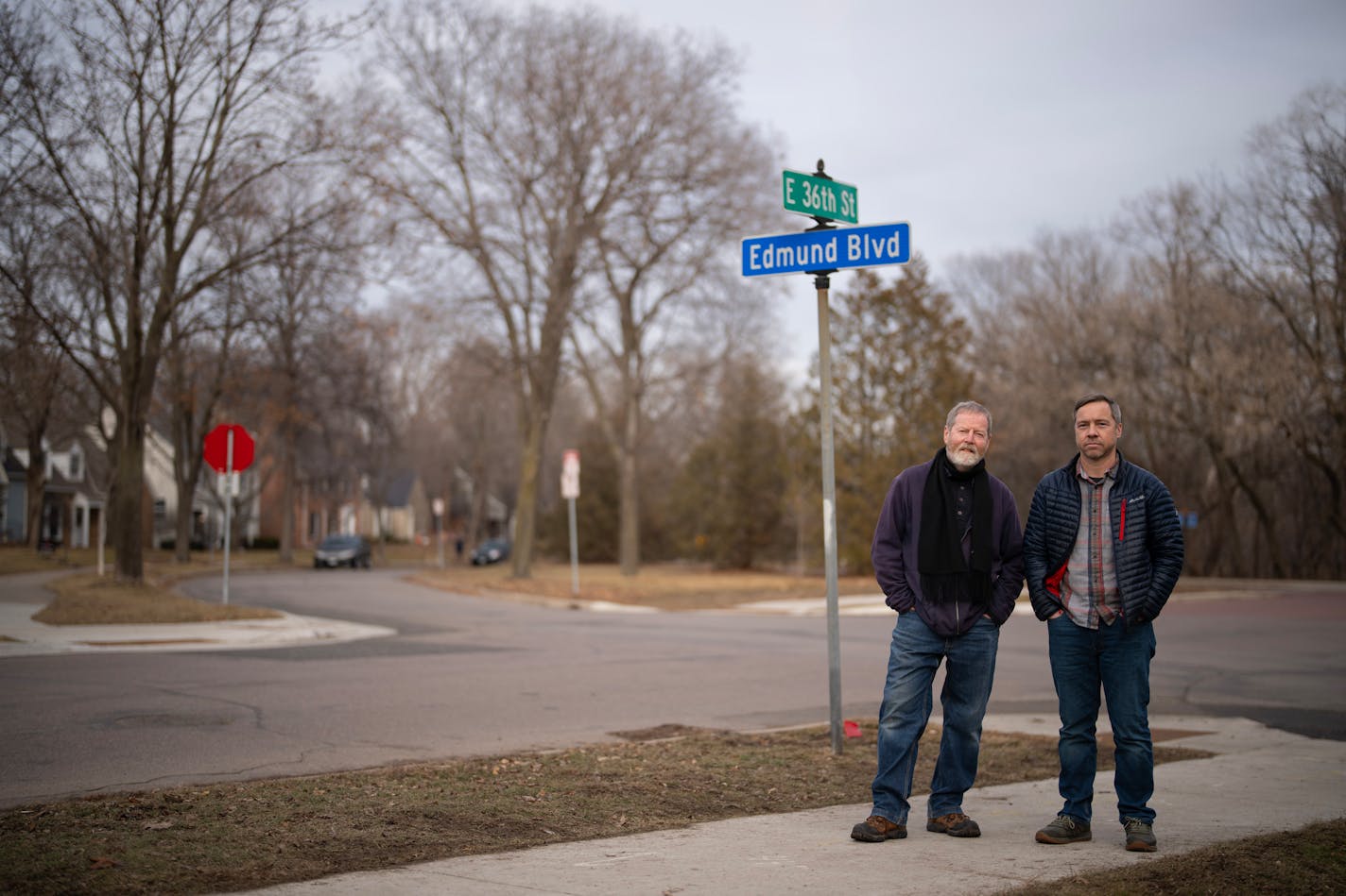 Mark Brandt, left, and Joe Larsen, photographed Monday afternoon, February 5, 2024 are spearheading an effort to rename Edmund Boulevard, off W. River Parkway in Minneapolis. The street was named after Edmund Walton who was a real estate developer who enforced racial covenants.    ]   JEFF WHEELER • Jeff.Wheeler@startribune.com