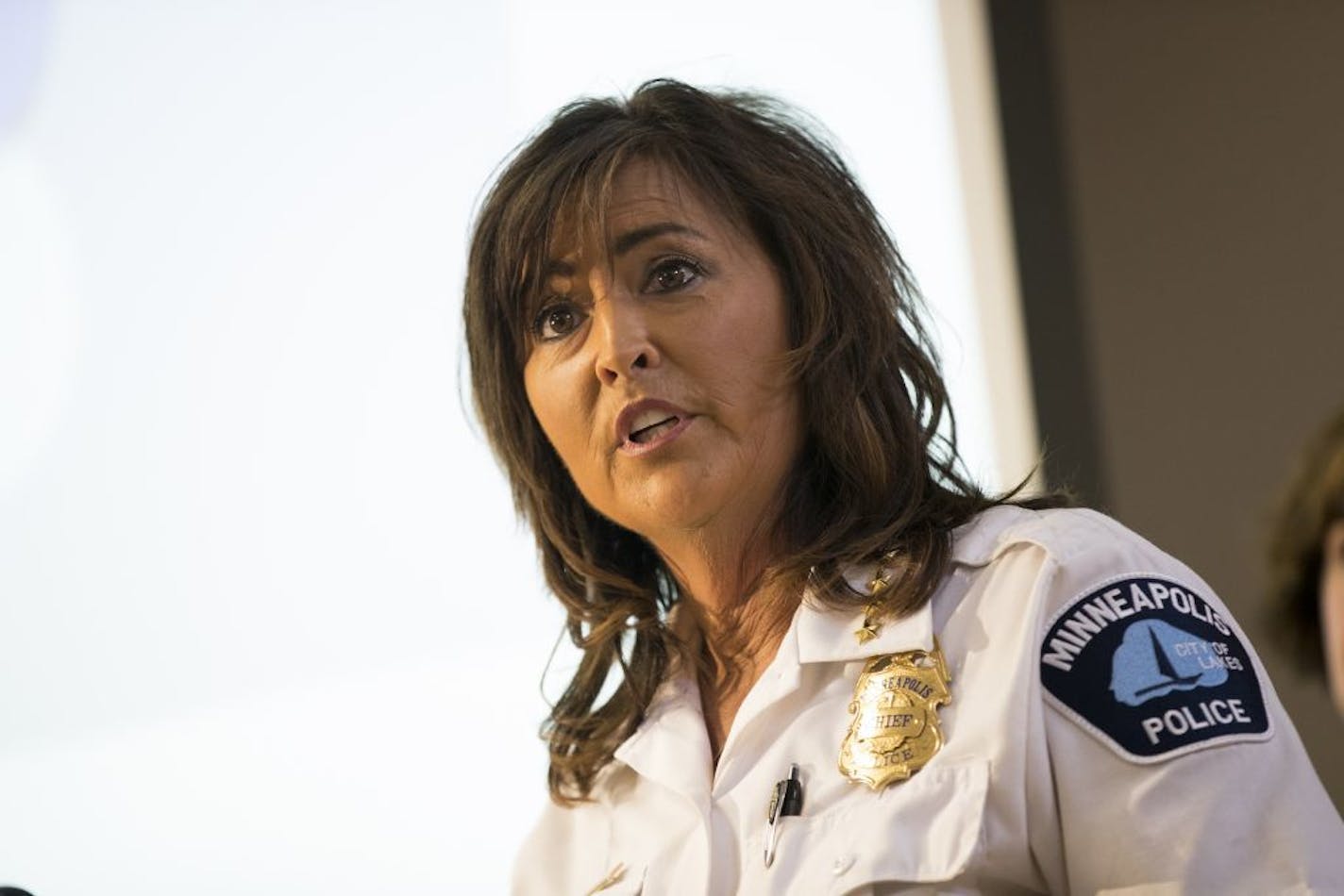 "We're trending in the right direction, [although] we're certainly not where we want to be," said Minneapolis Police Chief Janeé Harteau, shown last month.