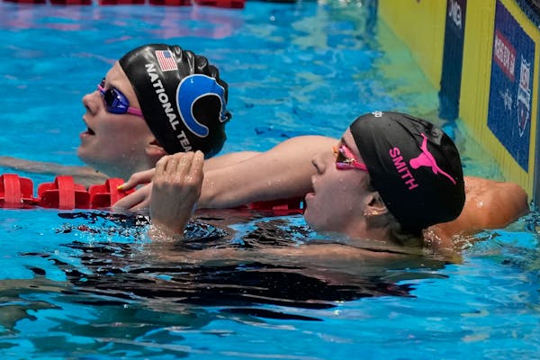 Regan Smith and Alex Shackell after the Women's 200 butterfly finals Thursday, June 20, 2024, at the US Swimming Olympic Trials in Indianapolis. (AP P