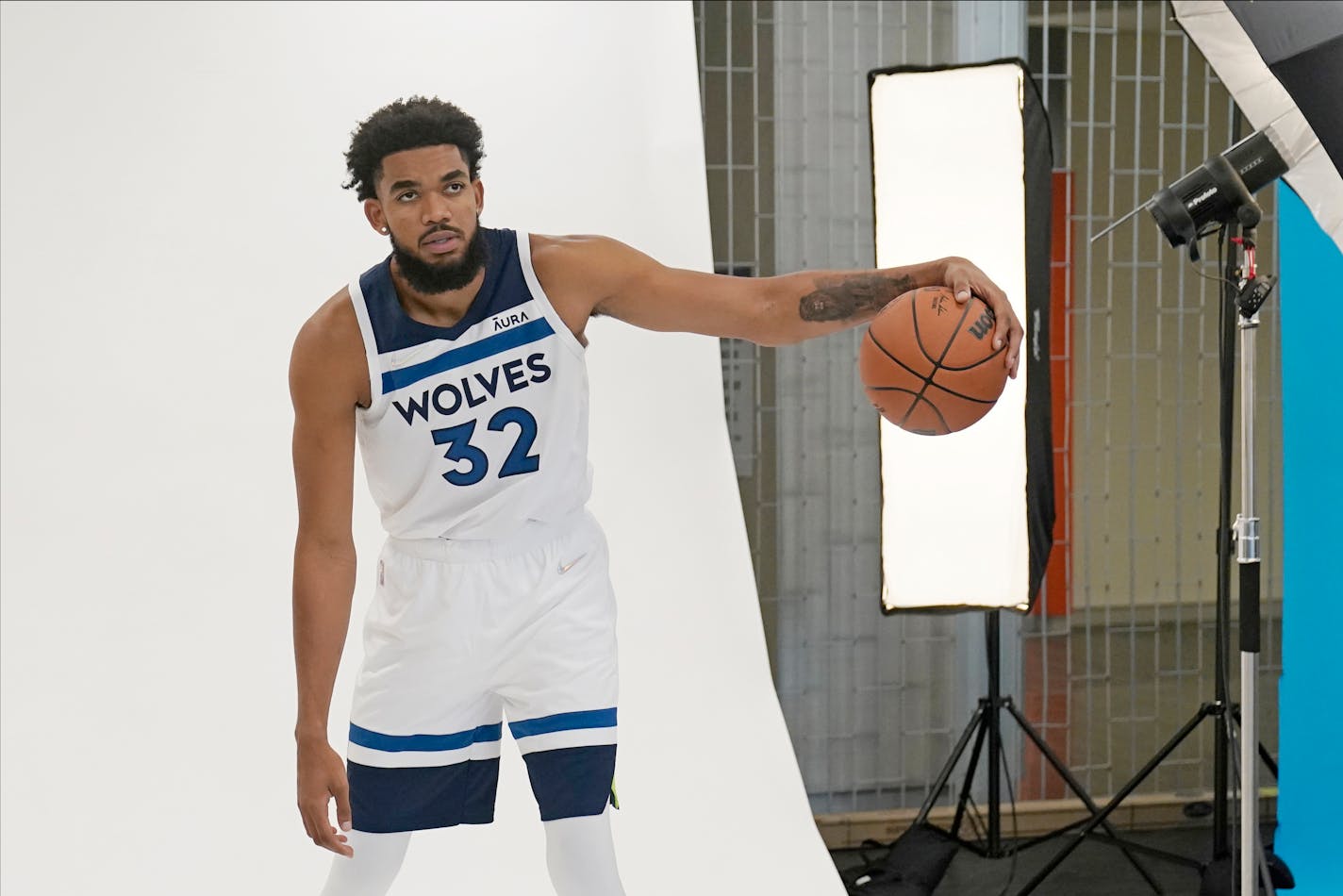 Minnesota Timberwolves' Karl-Anthony Towns poses during the NBA basketball team's media day, Monday, Sept. 27, 2021, in Minneapolis. (AP Photo/Jim Mone)