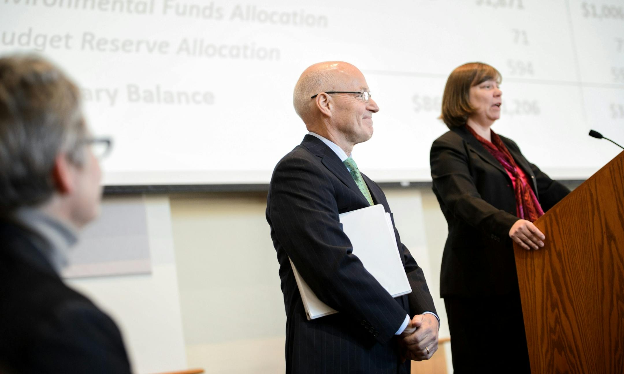 State Budget Director Margaret Kelly, Minnesota Management and Budget Commissioner Myron Frans, State Economist Dr. Laura Kalambokidis.