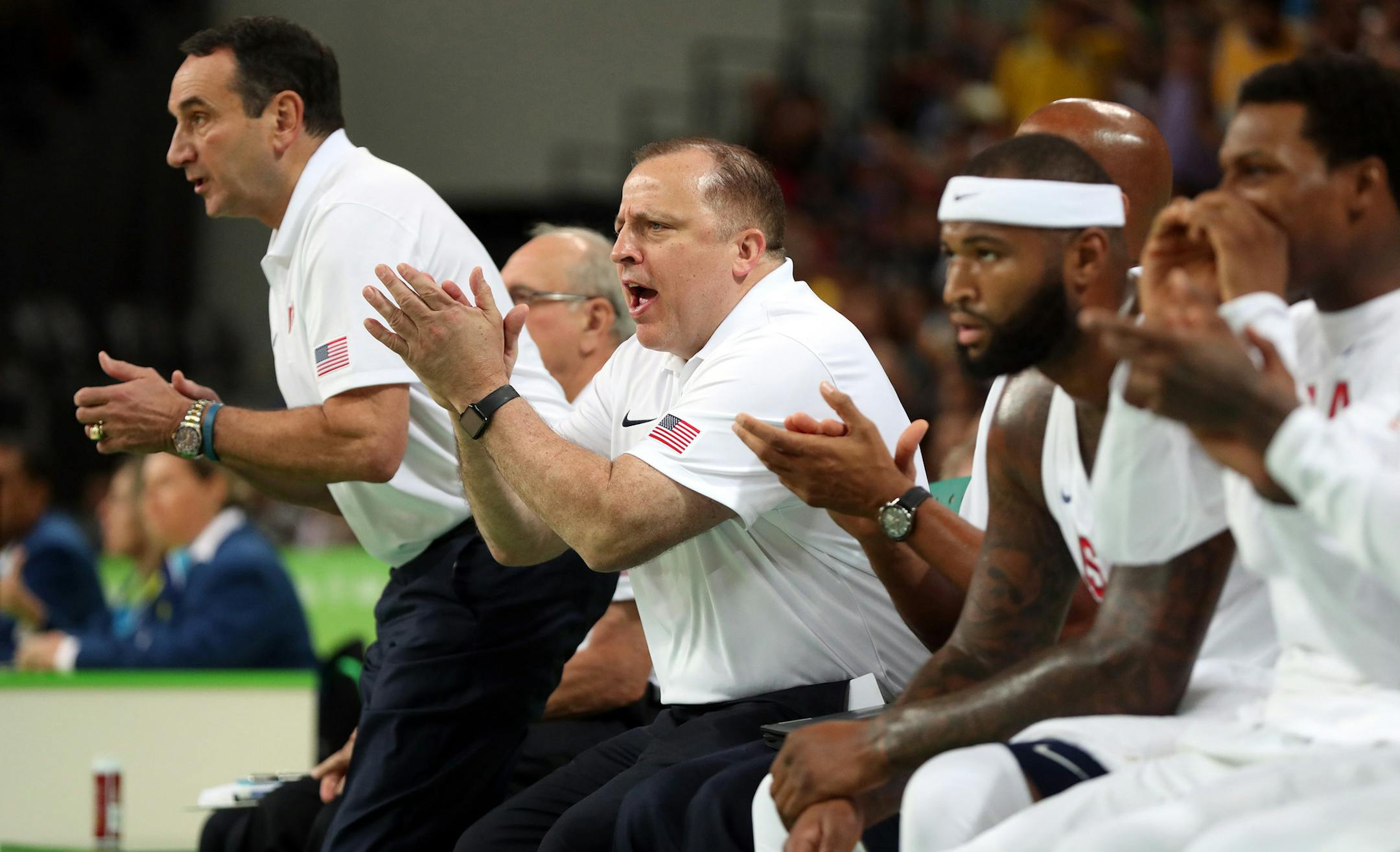 Team USA assistant coach Tom Thibodeau applauds a defensive effort on Monday, Aug. 8, 2016 as the U.S. men's basketball team faced Venezuela at Carioca Arena 1 in Barra Olympic Park in Rio de Janeiro, Brazil. (Brian Cassella/Chicago Tribune/TNS) ORG XMIT: 1188330