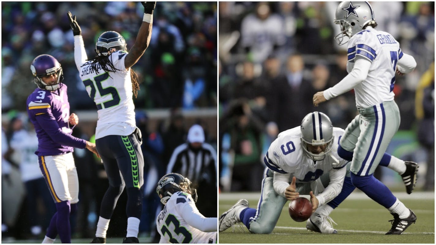 Seahawks cornerback Richard Sherman celebrated a miss by Vikings kicker Blair Walsh to end a playoff game in 2016 (left). And in 2007, Cowboys quarterback Tony Romo couldn't hold onto the snap to allow kicker Martin Gramatica to attempt the game-winning field goal with 1:19 left in a 2007 playoff game.