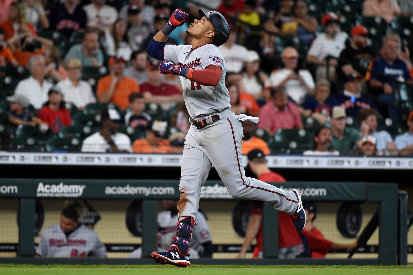 Minnesota Twins' Jorge Polanco celebrates his three-run home run during the sixth inning of a baseball game against the Houston Astros, Sunday, Aug. 8, 2021, in Houston. (AP Photo/Eric Christian Smith)