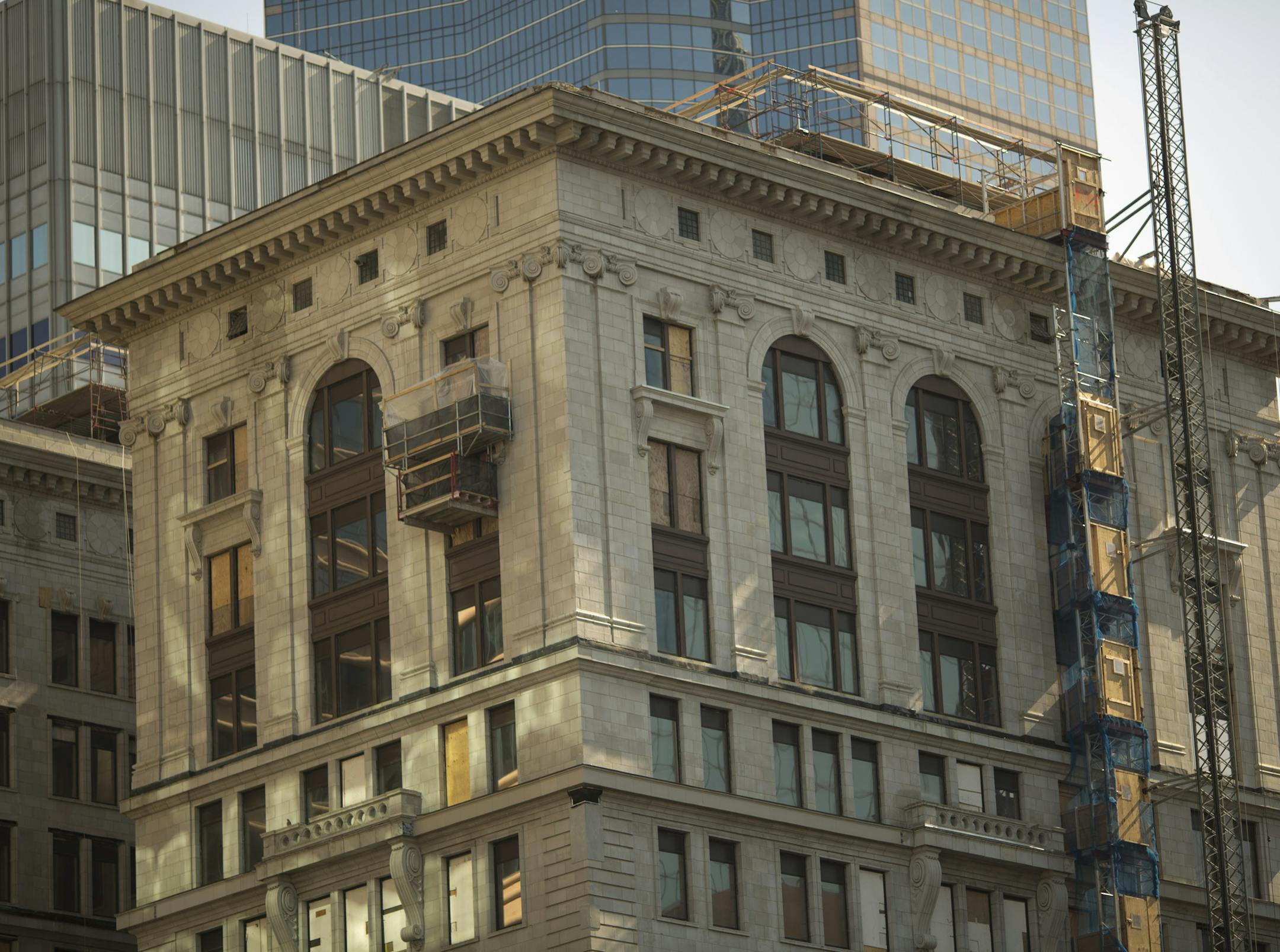 There's a glut of obsolete office space - Class C, according to the brokers - in the Twin Cities metro. Those properties, mostly old buildings in the city center - are being targeted by developers who are converting them into rental apartments. The Soo Line building at 5th St. S. and Marquette Ave. in downtown Minneapolis is a prime example. The property is currently undergoing conversion and will be known as Soo Line Building City Apartments. Exterior of the upper floors of the Soo Line buildin