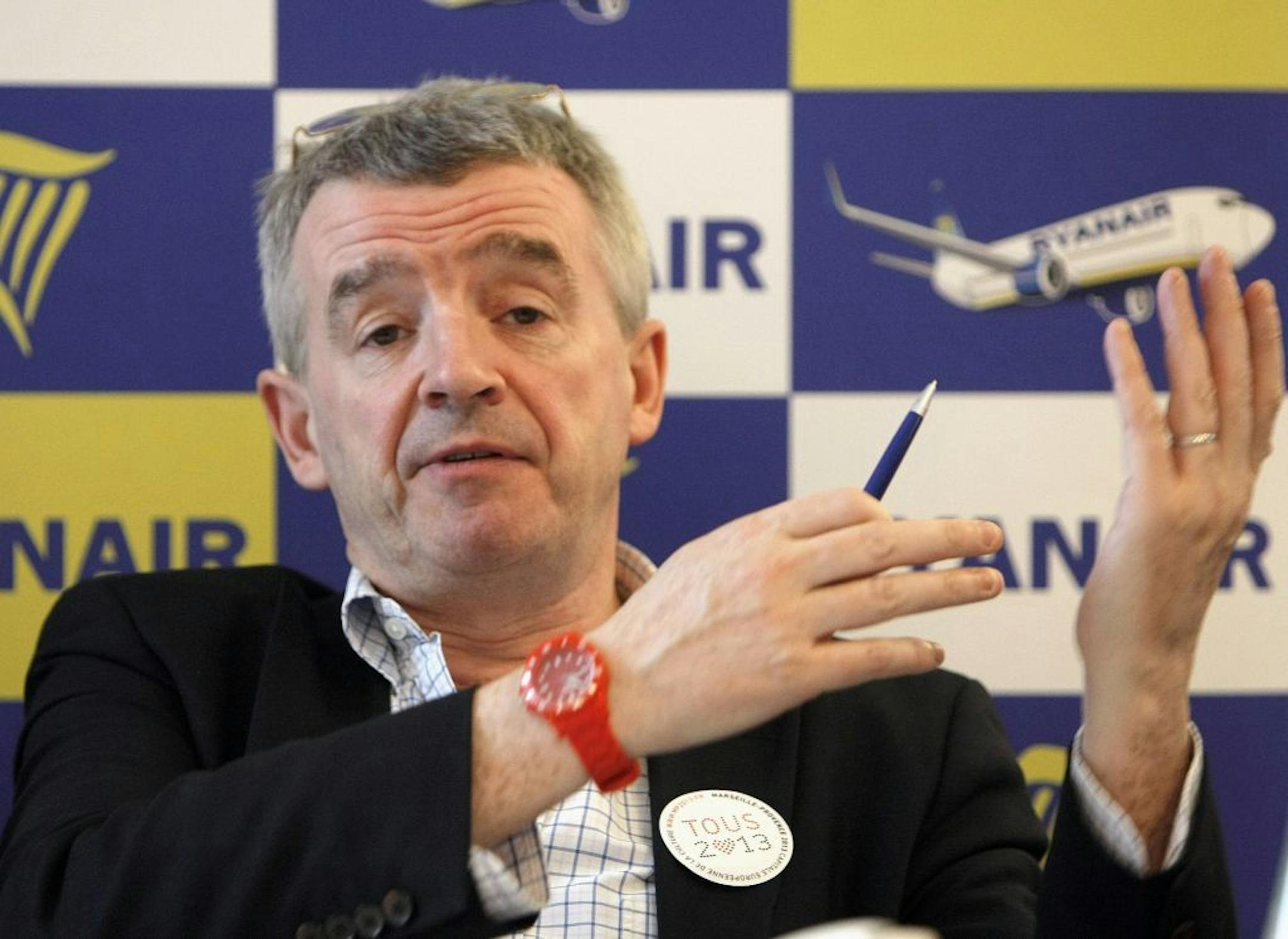 FILE - In this Jan.16, 2013 file photo, Ryanair chief executive Michael O'Leary meets the media to present new routes operating by Ryanair from Marseille, in Vitrolles , southern France. A lawyer for a group of Ryanair�s French pilots says Wednesday Oct. 2, 2013, a court on has fined the Irish airline 200,000 euros ($270,440) and ordered it to pay almost 8 million euros ($10.8 million) in damages and interest for breaking French labor law.