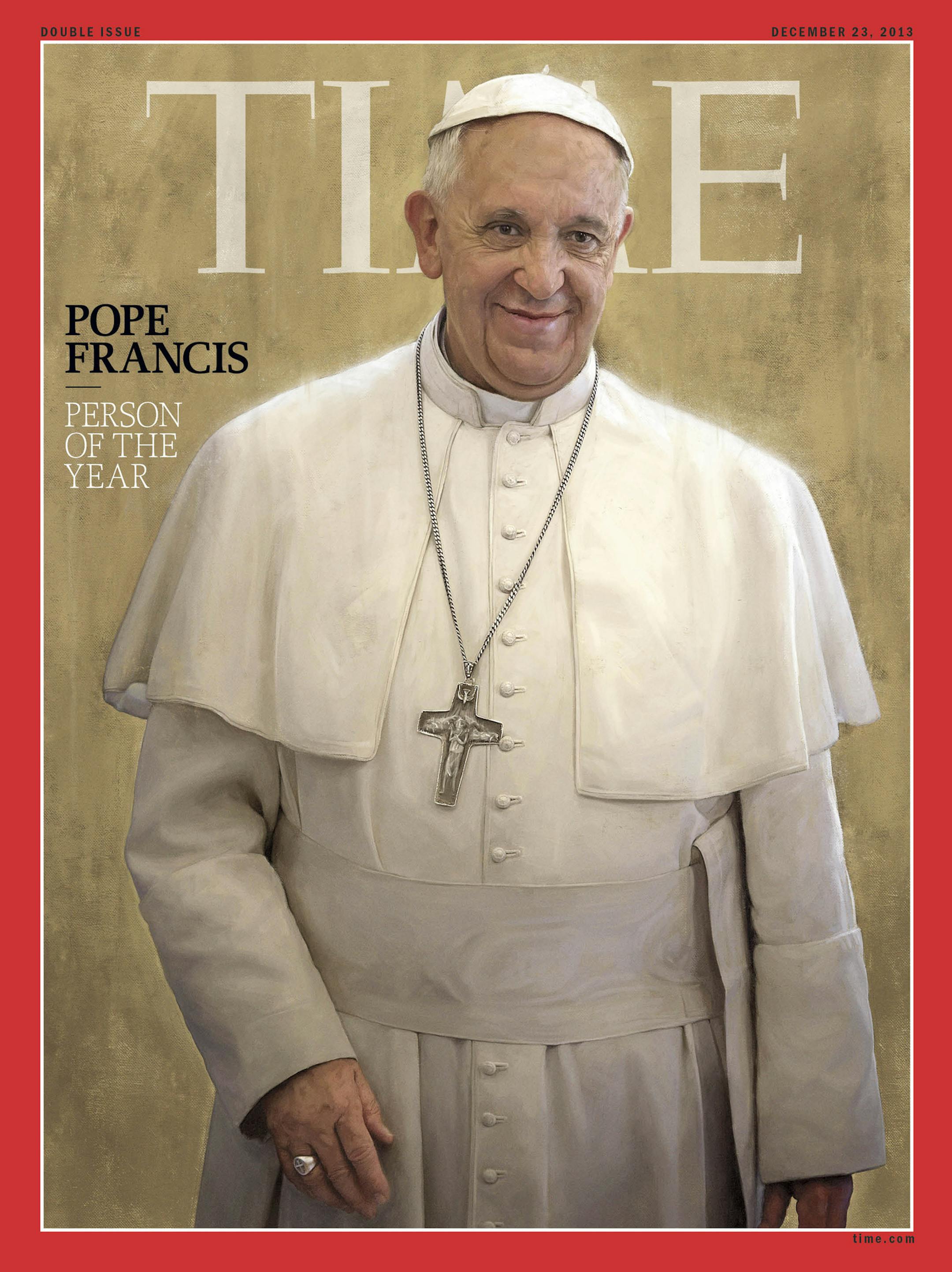 Pope Francis, Time magazine's 2013 Person of the Year, is seen an undated photo of the magazine cover provided by Time, Wednesday, Dec. 11, 2013. Time said the Catholic churchís new leader has changed the perception of his organization in an extraordinary way in a short time. (AP Photo/