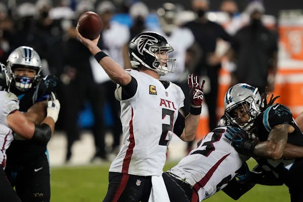 Atlanta Falcons quarterback Matt Ryan passes against the Carolina Panthers during the second half of an NFL football game Thursday, Oct. 29, 2020, in 