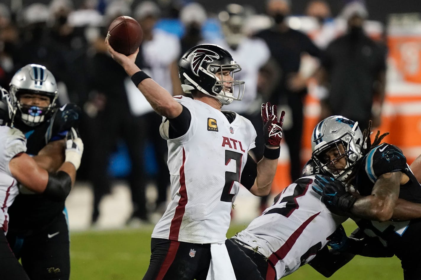 Atlanta Falcons quarterback Matt Ryan passes against the Carolina Panthers during the second half of an NFL football game Thursday, Oct. 29, 2020, in Charlotte, N.C. (AP Photo/Gerry Broome)