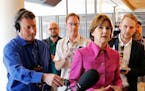 Lori Swanson was surrounded by reporters at the conclusion of a DFL gubernatorial debate held at Minnesota Public Radio in St. Paul on Friday.