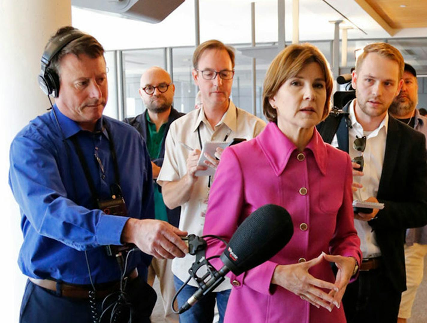 Lori Swanson was surrounded by reporters at the conclusion of a DFL gubernatorial debate held at Minnesota Public Radio in St. Paul on Friday.