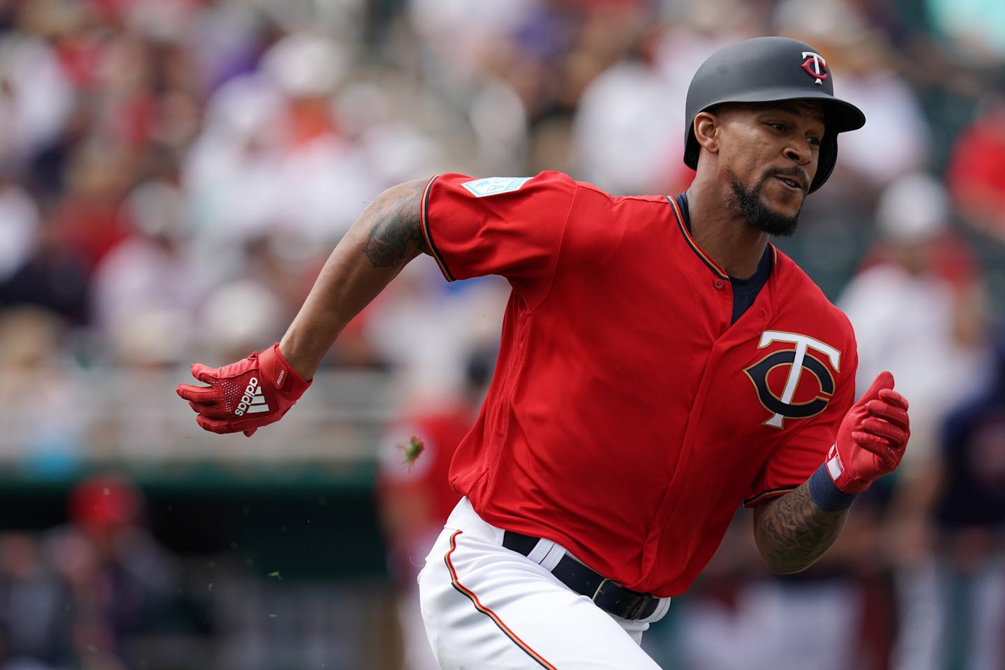 The Twins' Byron Buxton headed to first after doubling on Monday.