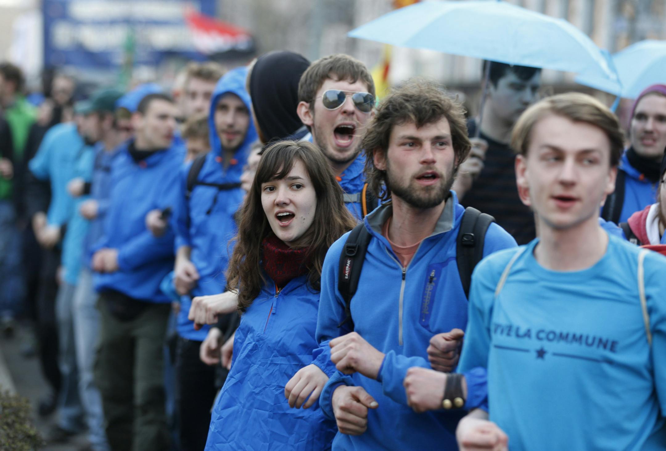 Demonstrators from all over Europe gather to protest against the opening of the hew headquarters of the European Central Bank ECB on Wednesday, March 18, 2015 in Frankfurt, Germany. (AP Photo/Michael Probst)