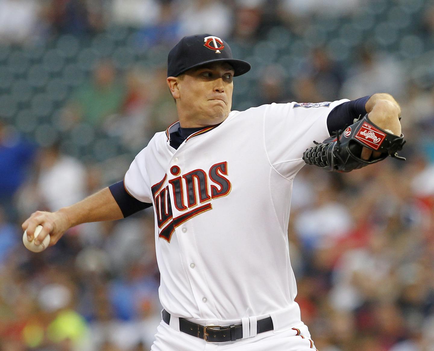 Minnesota Twins starting pitcher Kyle Gibson delivers to the Houston Astros during the first inning of a baseball game Friday, Aug. 28, 2015. (AP Photo/Ann Heisenfelt)