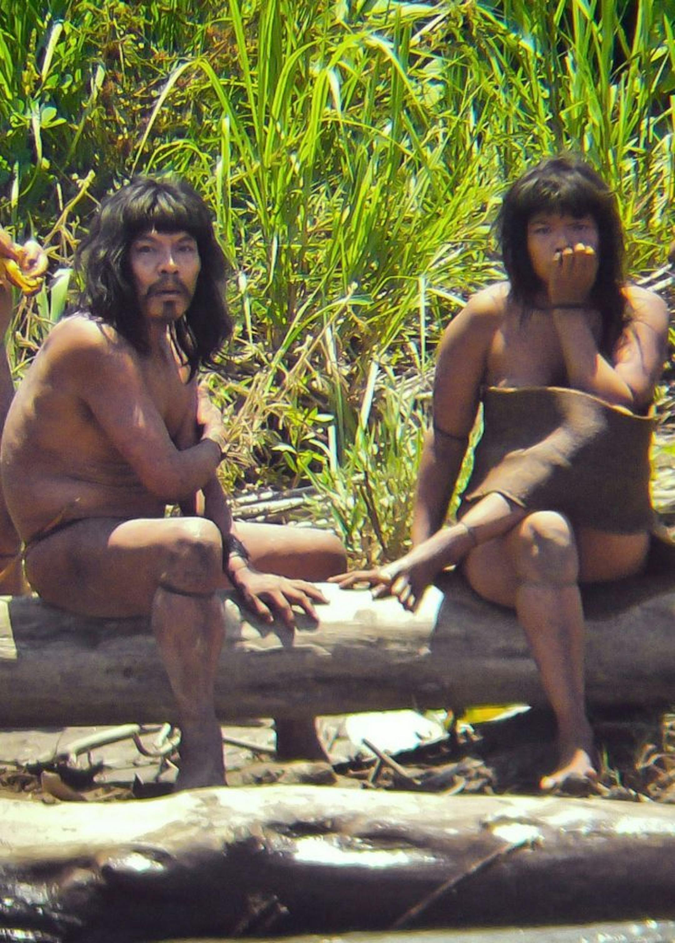FILE - This Nov. 2011 file photo, shows members of the Mashco-Piro tribe, photographed at an undisclosed location near the Manu National Park in southeastern Peru. The Maschco-Piro first appeared in May 2011 after more than two decades in voluntary isolation.