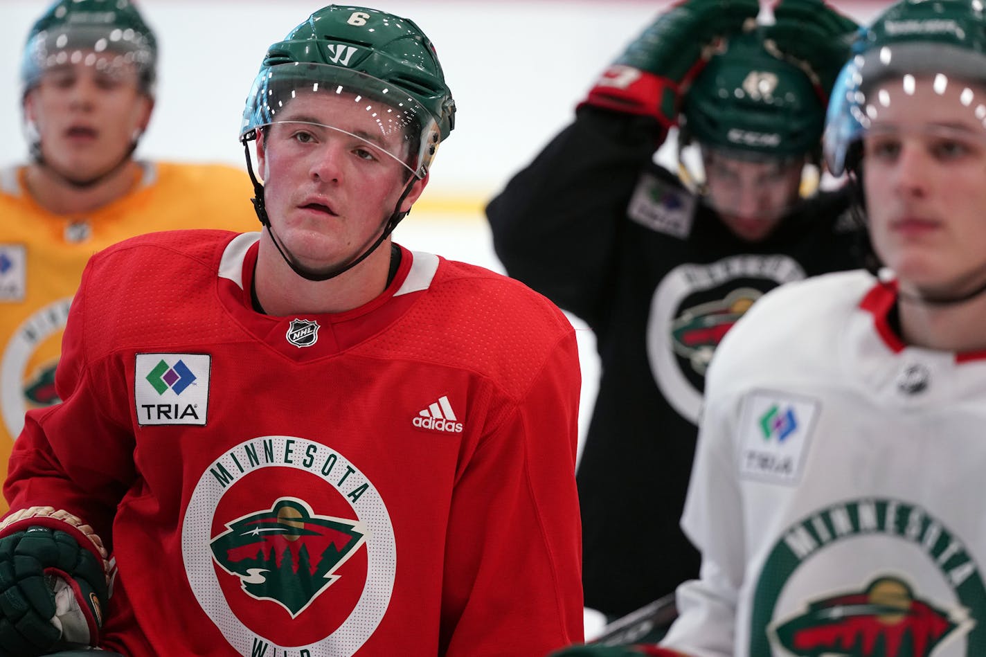 Minnesota Wild center Ryan Donato (6) listened as head coach Bruce Boudreau spoke during practice Friday. ] ANTHONY SOUFFLE • anthony.souffle@startribune.com The Minnesota Wild held their first day of practice Friday, Sept. 13, 2019 at their TRIA Rink training facility in St. Paul, Minn.