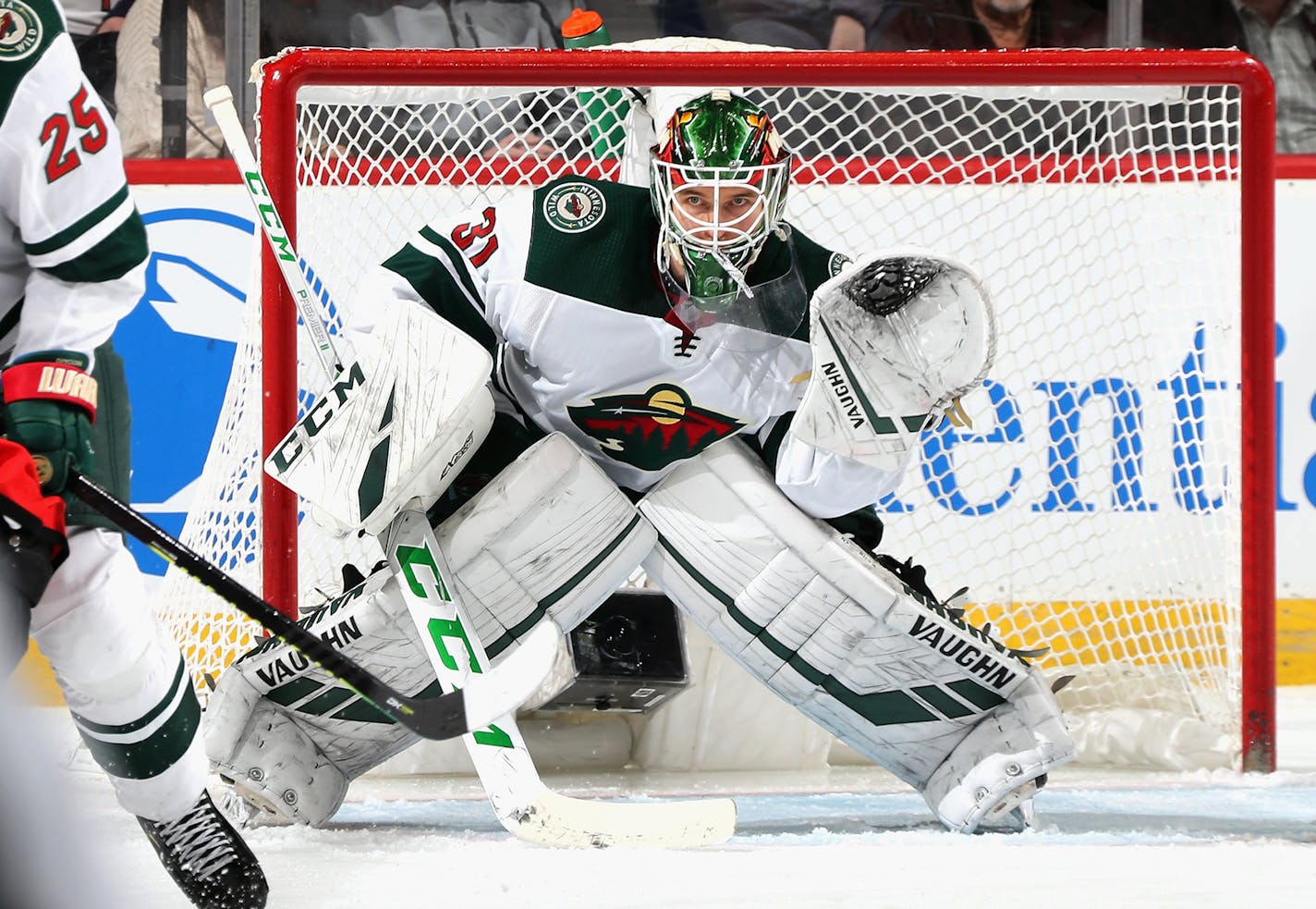 Minnesota Wild goaltender Kaapo Kahkonen makes his NHL debut in a 3-2 win against the New Jersey Devils at the Prudential Center in Newark, N.J., on Tuesday, Nov. 26, 2019. (Bruce Bennett/Getty Images/TNS)