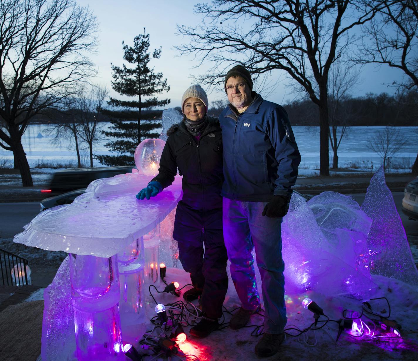 Jennifer Shea Hedberg and her husband Tom Hedberg posed for a picture in a ice bar they created for a party along Lake of the Isles in Minneapolis.