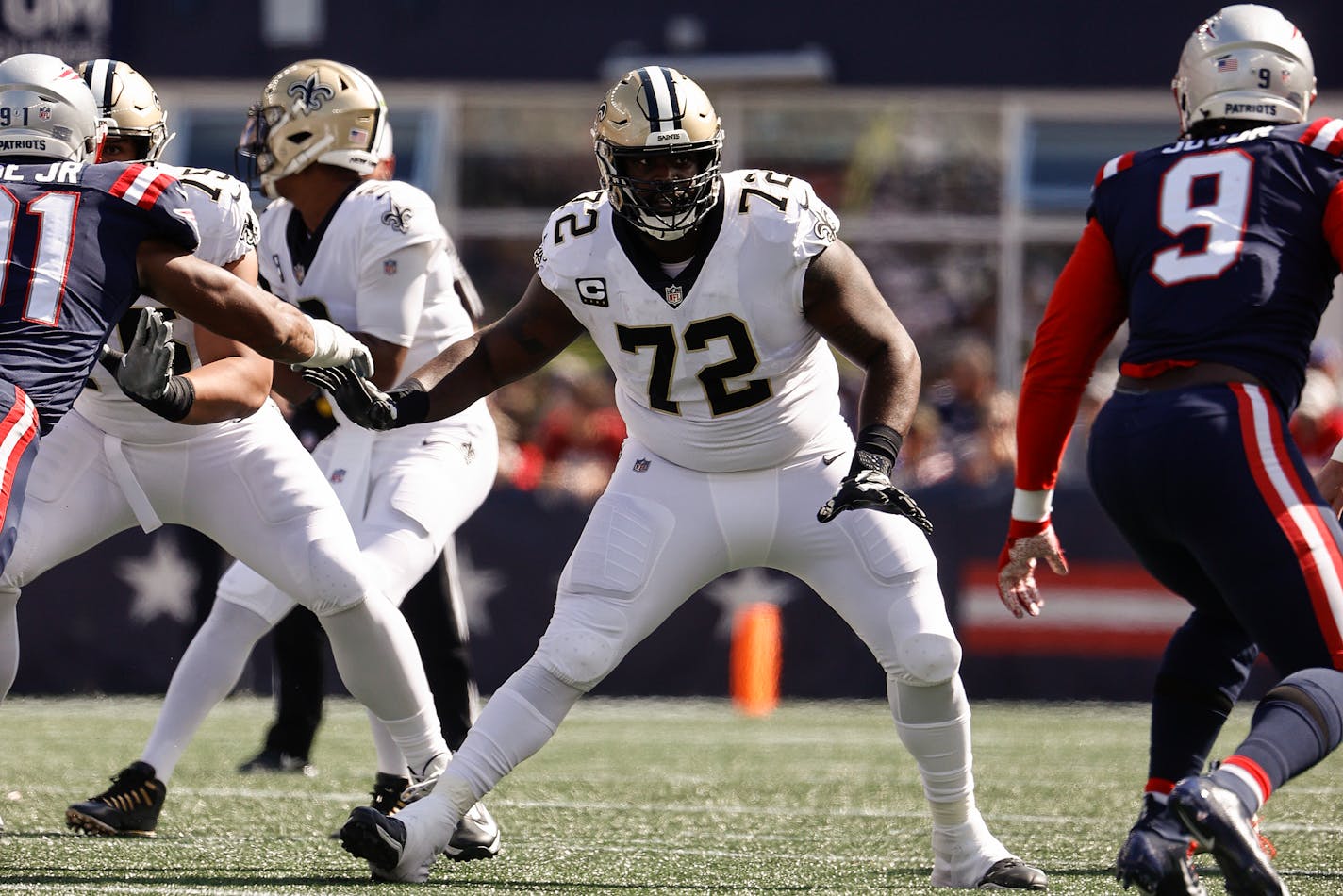 New Orleans Saints offensive tackle Terron Armstead looks to block against the New England Patriots during an NFL football game at Gillette Stadium, Sunday,Sept. 26, 2021 in Foxborough, Mass. (Winslow Townson/AP Images for Panini)