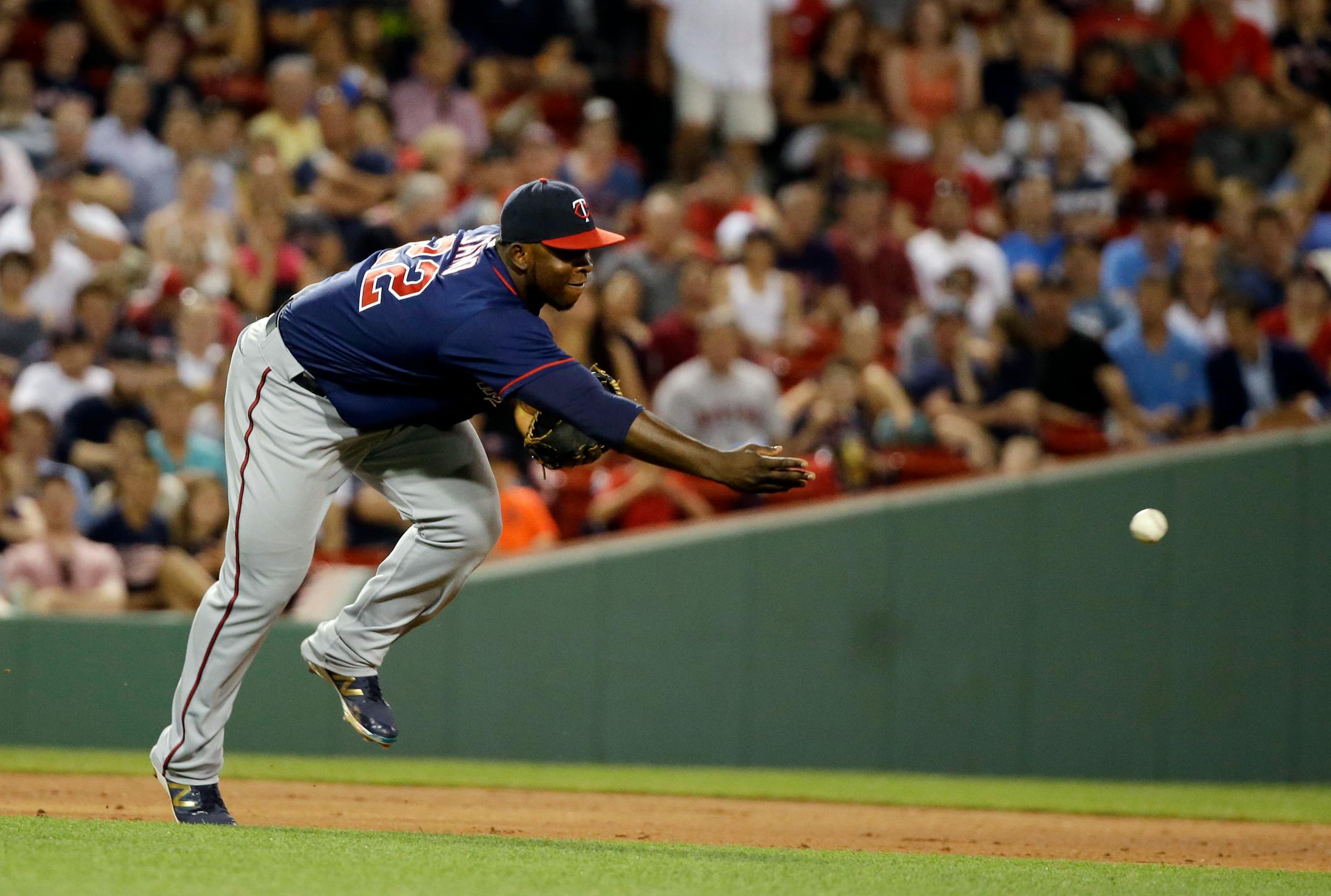 Minnesota Twins third baseman Miguel Sano tosses the ball to second during a baseball game against the Boston Red Sox at Fenway Park, Thursday, July 21, 2016, in Boston. (AP Photo/Elise Amendola)