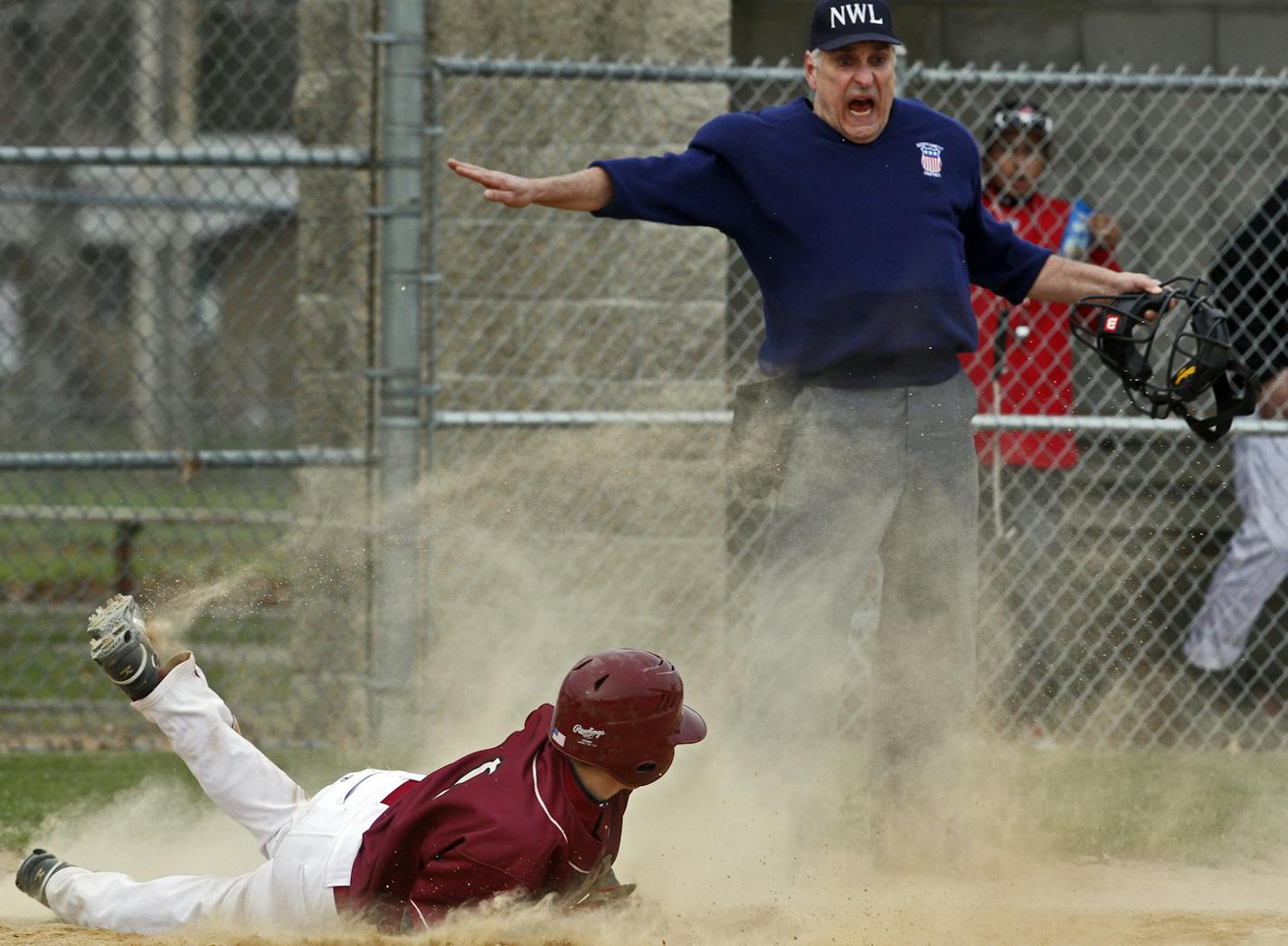 MARLIN LEVISON*mlevison@startribune. Prep baseball - Centennial vs. Maple Grove. IN THIS PHOTO: ]Maple Grove's Shay Torgerson was called safe at home by the umpire in third inning action. ORG XMIT: MIN2015070215045466