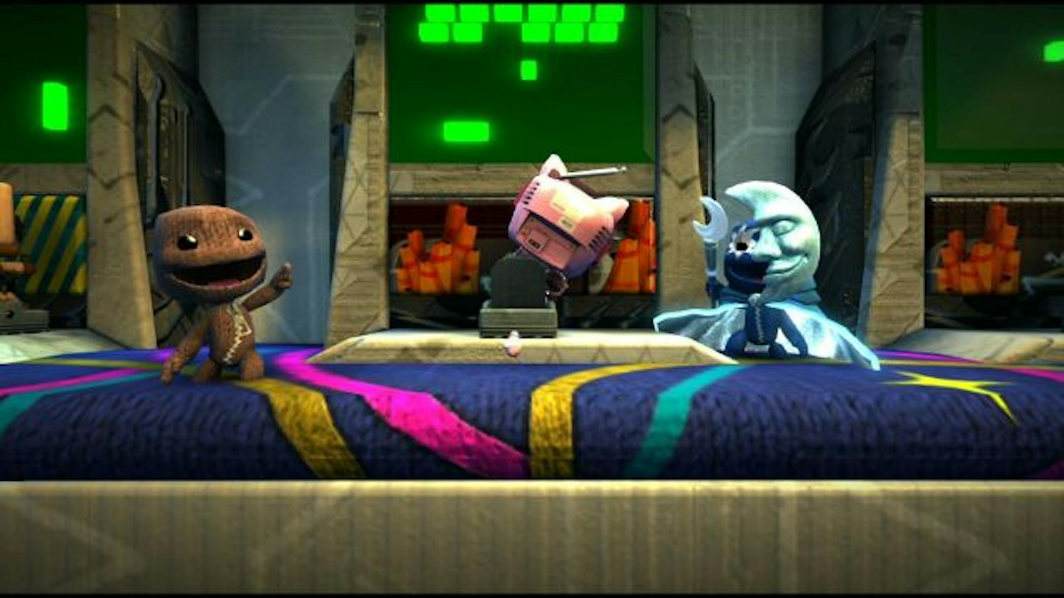 In this video game image released by Sony, Sackboy, left, visits a video-game arcade in a scene from "LittleBigPlanet 2."