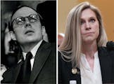 Left, John Dean at the Senate Watergate hearings, in 1973. Right, Caroline Edwards, the first Capitol Police officer injured in the riot, testifies at