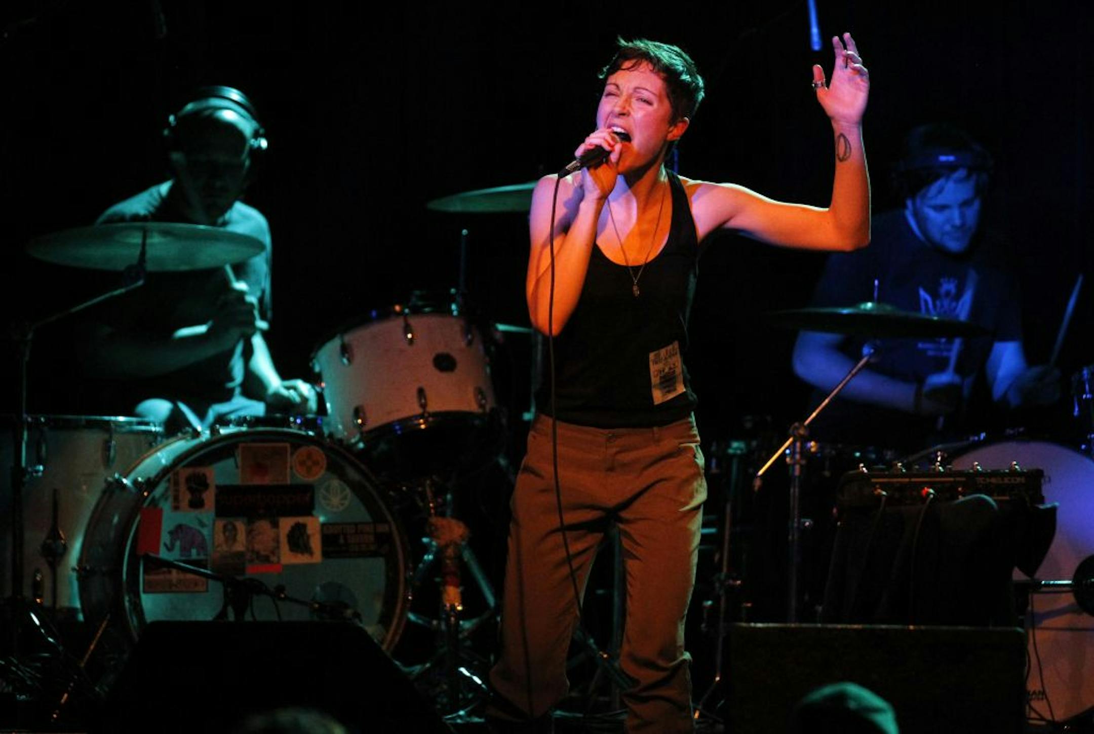 Poliça played the Current's birthday party two weeks ago, with Channy Leaneagh flanked by drummers Ben Ivascu, left, and Drew Christopherson.
