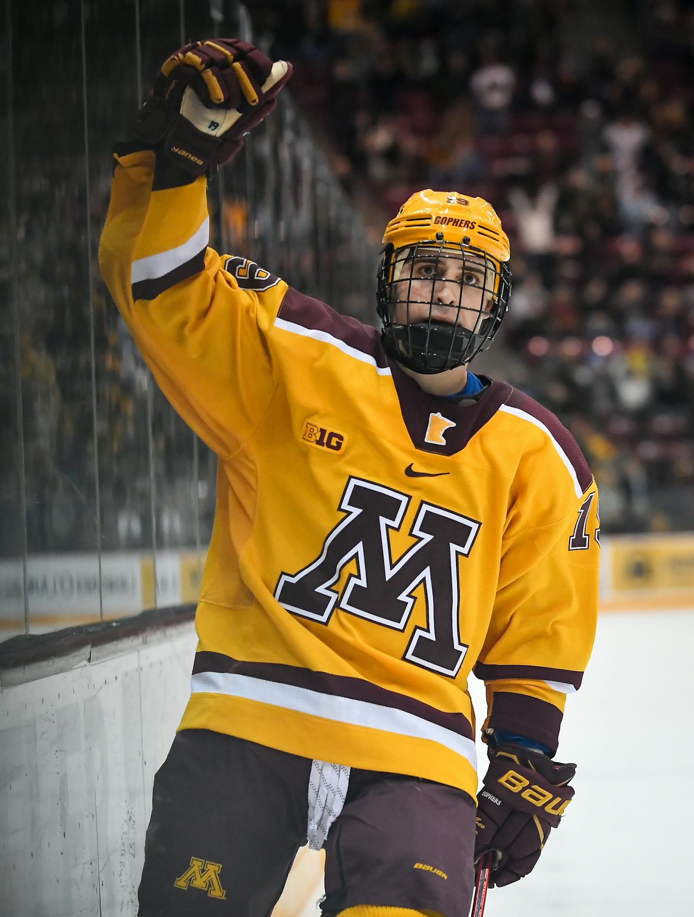 Minnesota Golden Gophers right wing Vinni Lettieri (19) completing the hat trick off an empty netter late in the third period against the Michigan Wolverines. ] (AARON LAVINSKY/STAR TRIBUNE) aaron.lavinsky@startribune.com The University of Minnesota Golden Gophers played the University of Michigan Wolverines on Saturday, Jan. 14, 2017 at Mariucci Arena in Minneapolis, Minnesota.