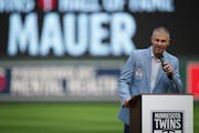 Joe Mauer spoke during his induction into the Twins Hall of Fame at Target Field on Aug. 5.