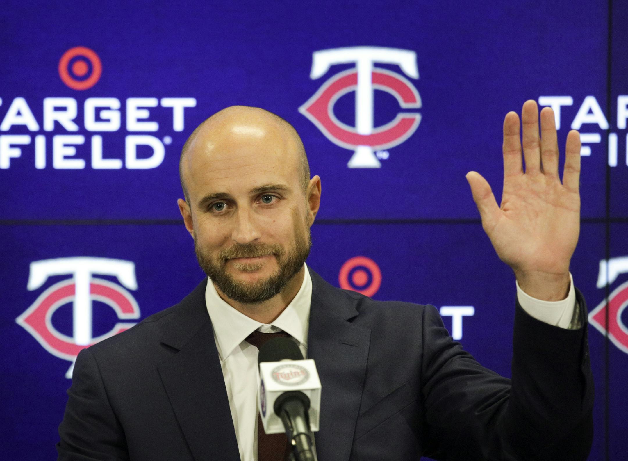 New Twins manager Rocco Baldelli was introduced to the media Thursday afternoon at Target Field. Twins Chief Baseball Officer Derek Falvey & Senior Vice President, General Manager Thad Levine were at his side. ] BRIAN PETERSON ï brian.peterson@startribune.com
Minneapolis, MN 10/25/2018