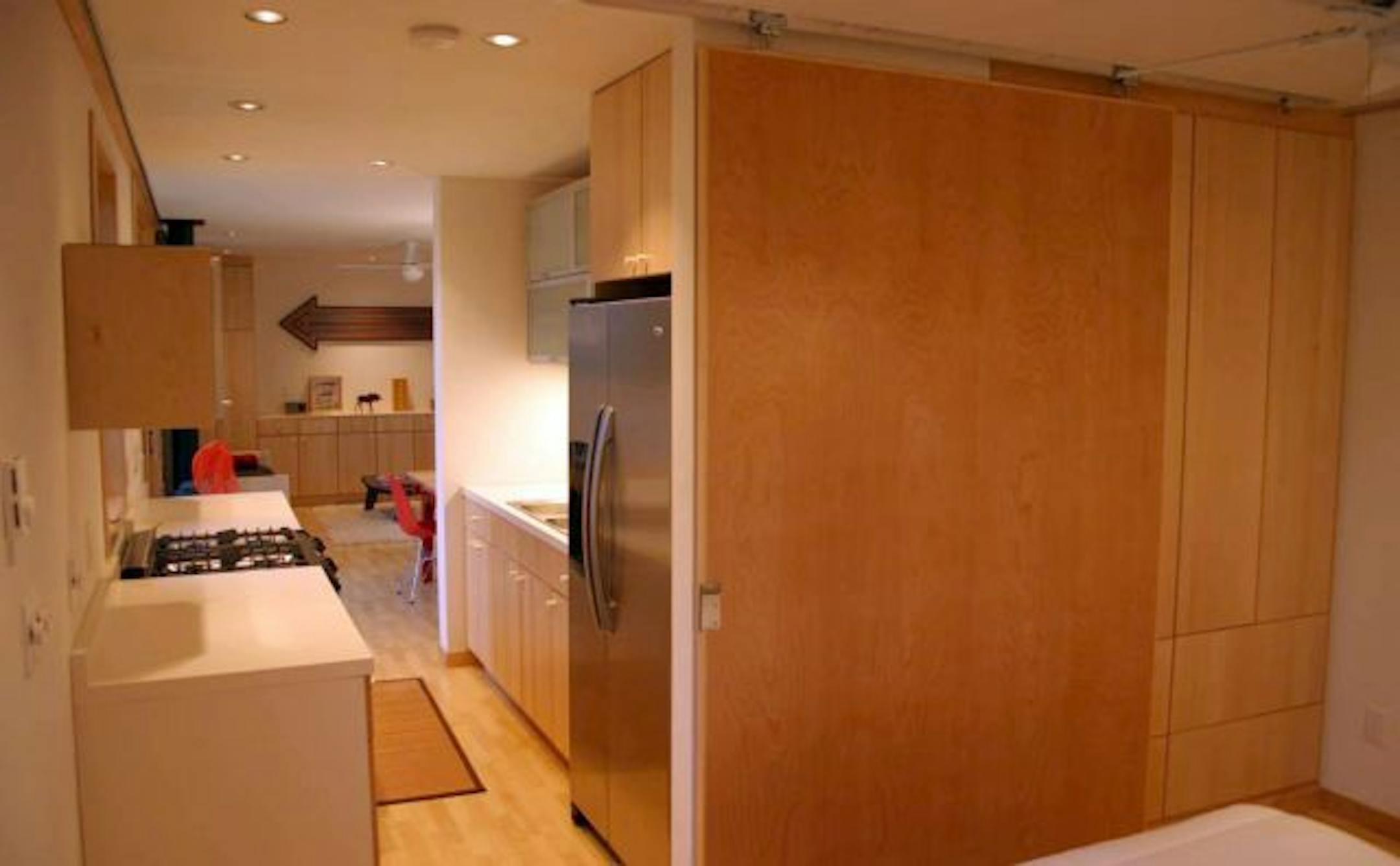The galley kitchen has Ikea cabinets