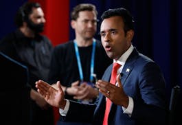 Entrepreneur and author Vivek Ramaswamy speaks during an interview in the Spin Room following the first Republican Presidential primary debate at the 