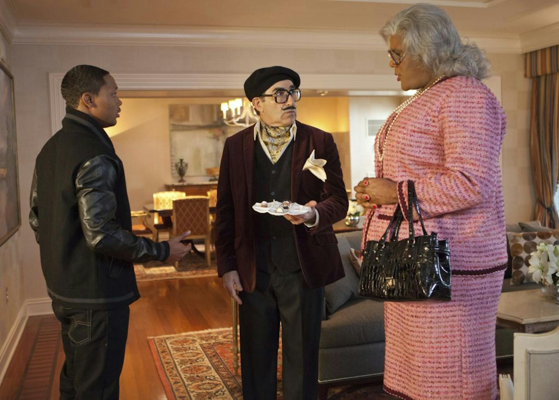 From left: Romeo Miller, Eugene Levy and Tyler Perry in "Madea's Witness Protection."