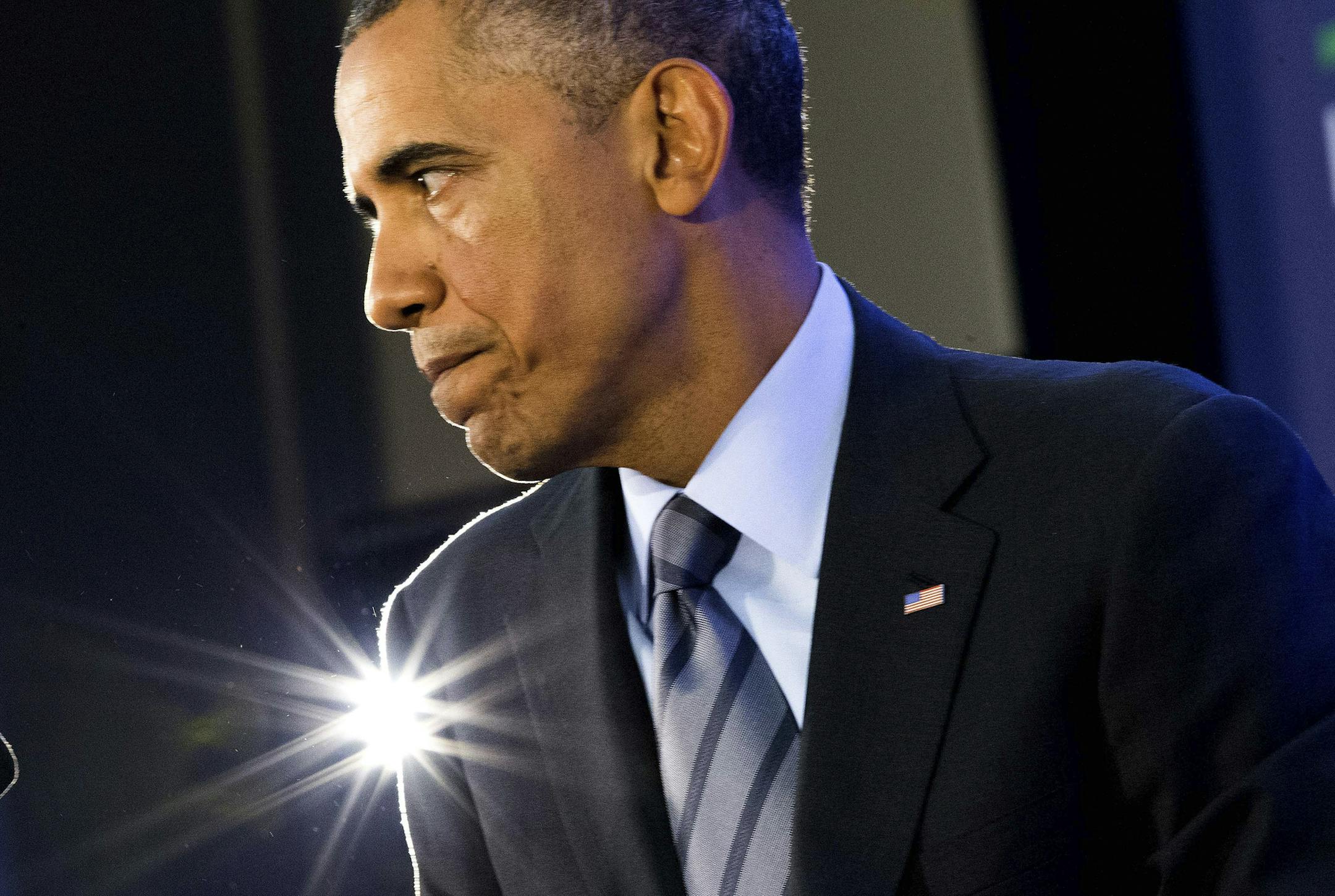 President Barack Obama speaks at the State Department following the U.S. -Africa Summit in Washington, Aug. 6, 2014. Obama is considering options of airstrikes or airdrops of supplies to address a humanitarian crisis among as many as 40,000 religious minorities in Iraq sheltering on a mountaintop after death threats from the Islamic State in Iraq and the Levant, administration officials said on Thursday. (Doug Mills/ The New York Times)