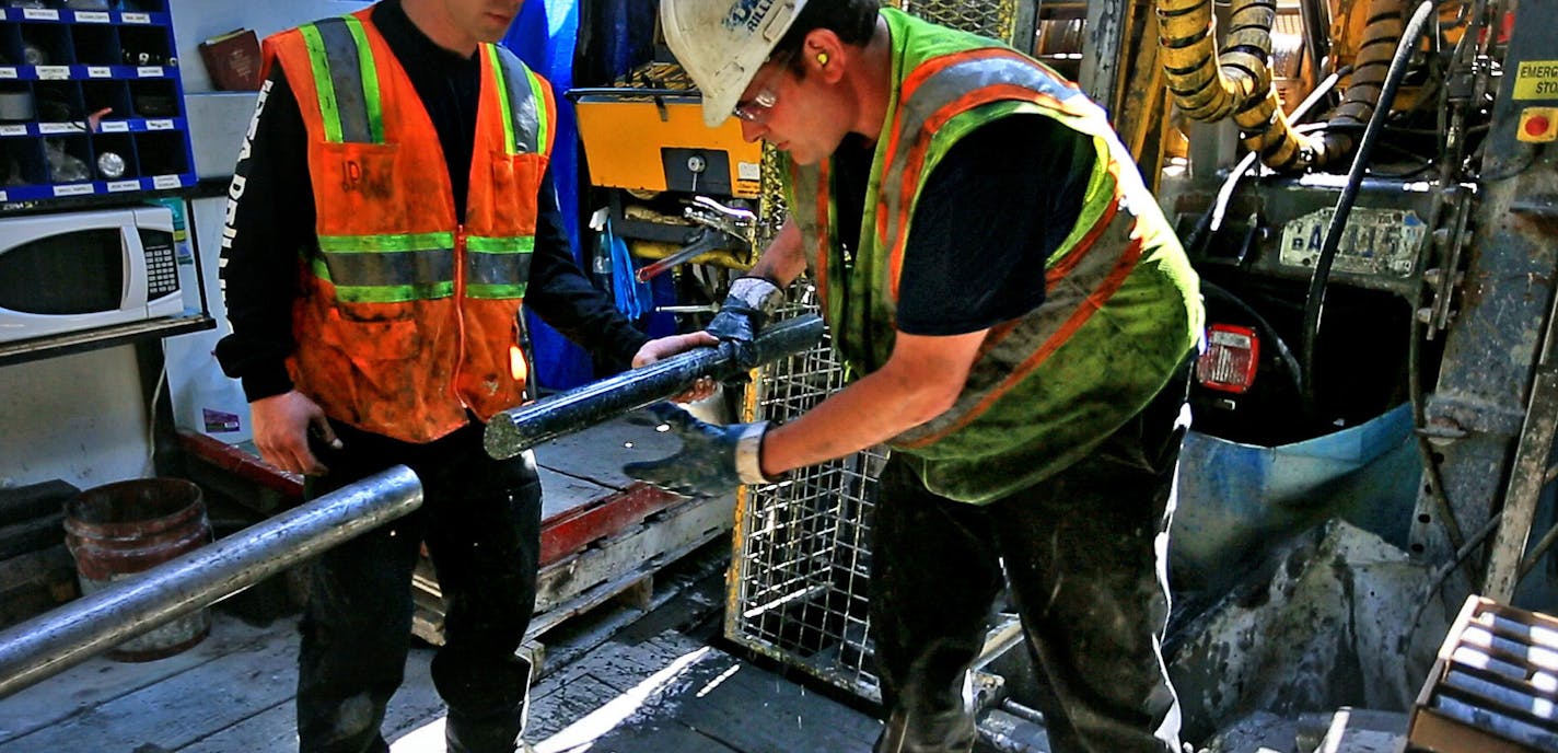 Not since the battle of 1978 to designate the BWCA as a wilderness area has the town of Ely been so divided. This time it's the possibility of Copper/Nickel mining and the promised jobs it brings -vs- the fear that mining so close to the BWCA could contaminate the water. Here, drillers for Twin Metals, at a site near the Kiwishiwi River, pull a core sample from the drill pipe. ] BRIAN PETERSON &#x2022; brianp@startribune.com ELY, MN - 05/30/2013 ORG XMIT: MIN1305310946521019 ORG XMIT: MIN1504142