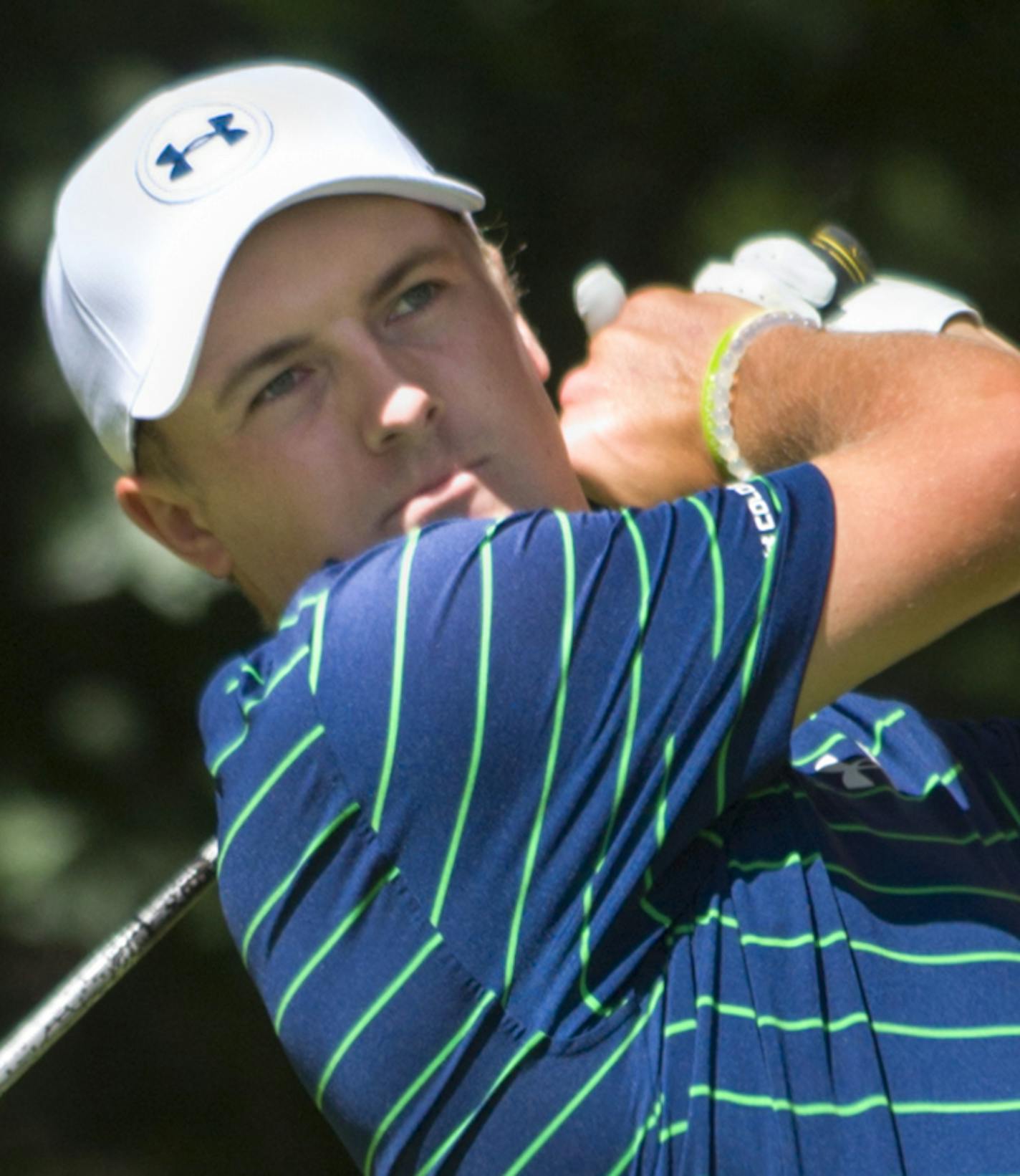 Jordan Spieth tees off on the second hole during the final round of the BMW Championship golf tournament at Crooked Stick Golf Club in Carmel, Ind., Sunday, Sept. 11, 2016. (AP Photo/Doug McSchooler) ORG XMIT: INDM110