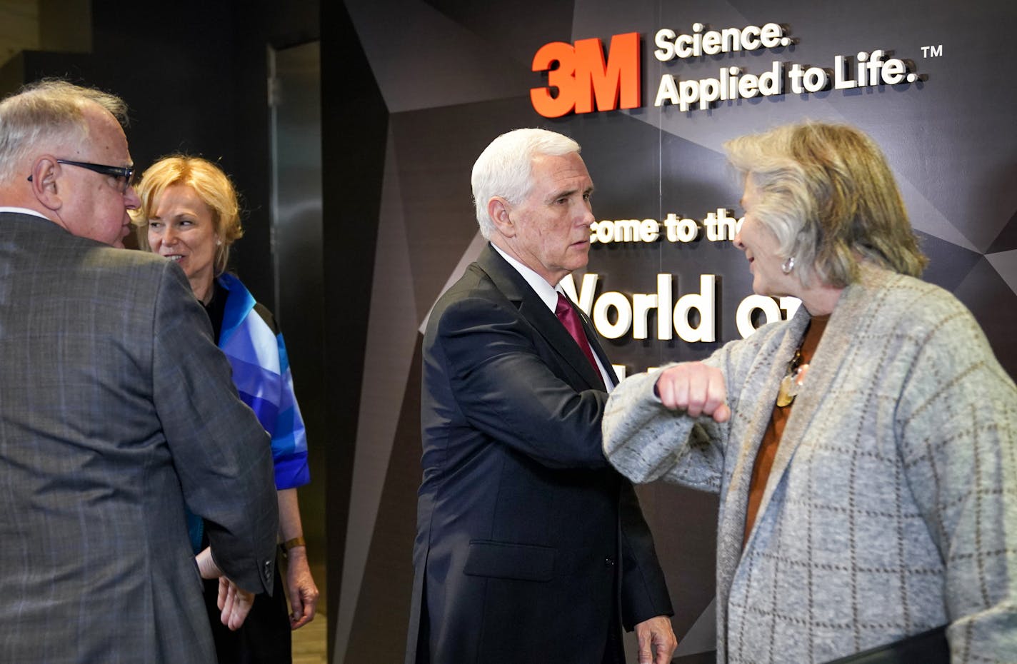 As Vice President Mike Pence offered a handshake at the end of their meeting, MDH Commissioner Jan Malcolm offered a virus-free elbow bump instead. Vice president Mike Pence visited 3M World Headquarters in Maplewood, Minnesota, meeting with 3M leaders and Minnesota Governor Tim Walz to coordinate response to the COVID-19 virus. ] GLEN STUBBE • glen.stubbe@startribune.com Thursday, March 5, 2020 Vice president Mike Pence visited 3M World Headquarters in Maplewood, Minnesota, meeting with