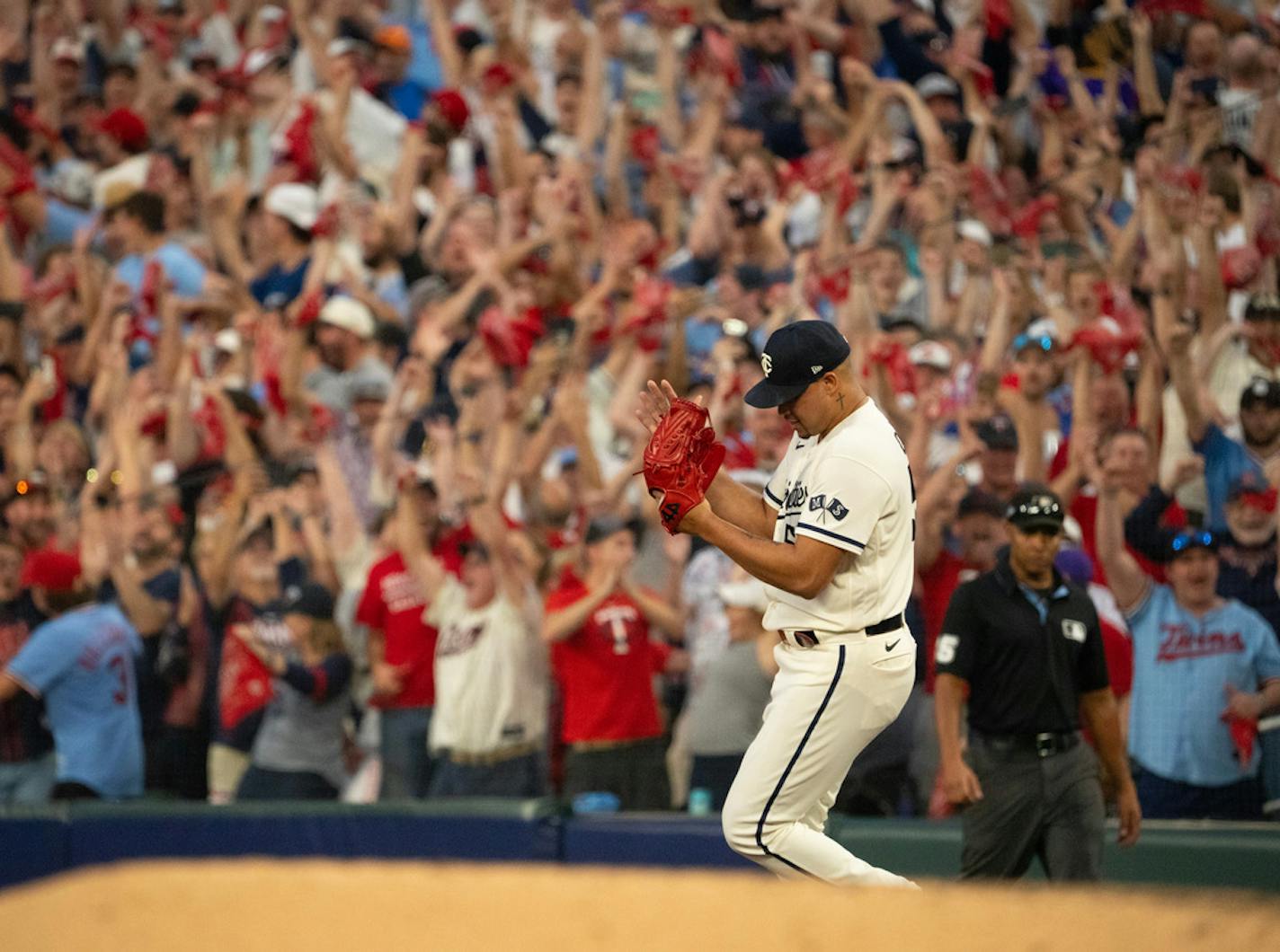 Minnesota Twins relief pitcher Jhoan Duran celebrated the final out of the game. The Minnesota Twins defeated the Toronto Blue Jays 3-1 in Game 1 of their American League Wild Card Series Tuesday afternoon, October 3, 2023 at Target Field in Minneapolis. ] JEFF WHEELER • jeff.wheeler@startribune.com