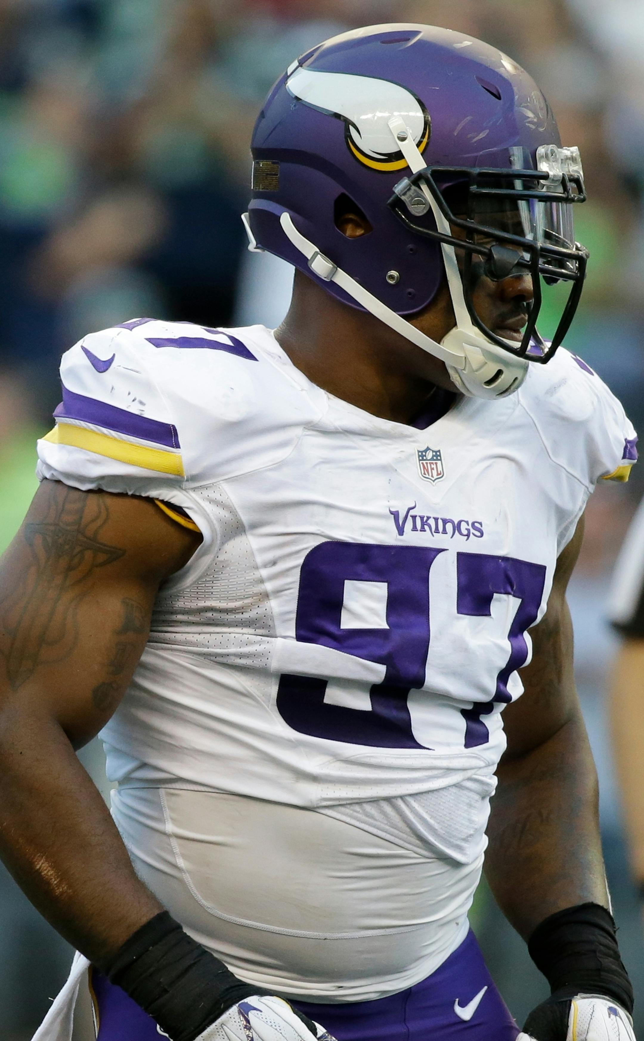 Minnesota Vikings defensive end Everson Griffen (97) gets set during during a preseason NFL football game against the Seattle Seahawks, Thursday, Aug. 18, 2016, in Seattle. (AP Photo/Elaine Thompson) ORG XMIT: OTK