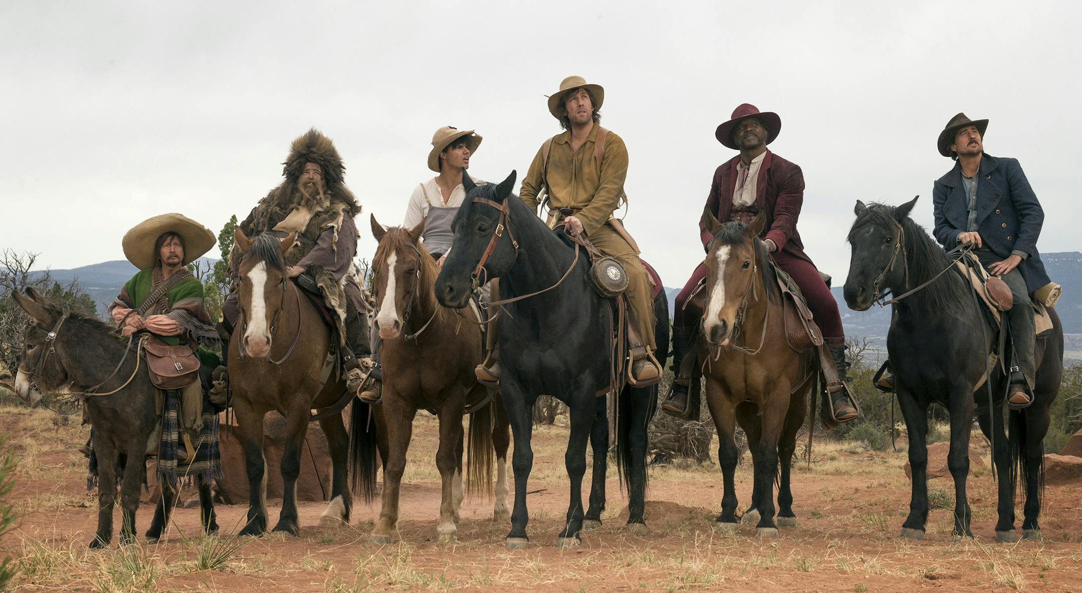Rob Schneider, Jorge Garcia, Taylor Lautner, Adam Sandler, Terry Crews, Luke Wilson in the Netflix original film ìThe Ridiculous Sixî. Photo Credit: Ursula Coyote/Netflix