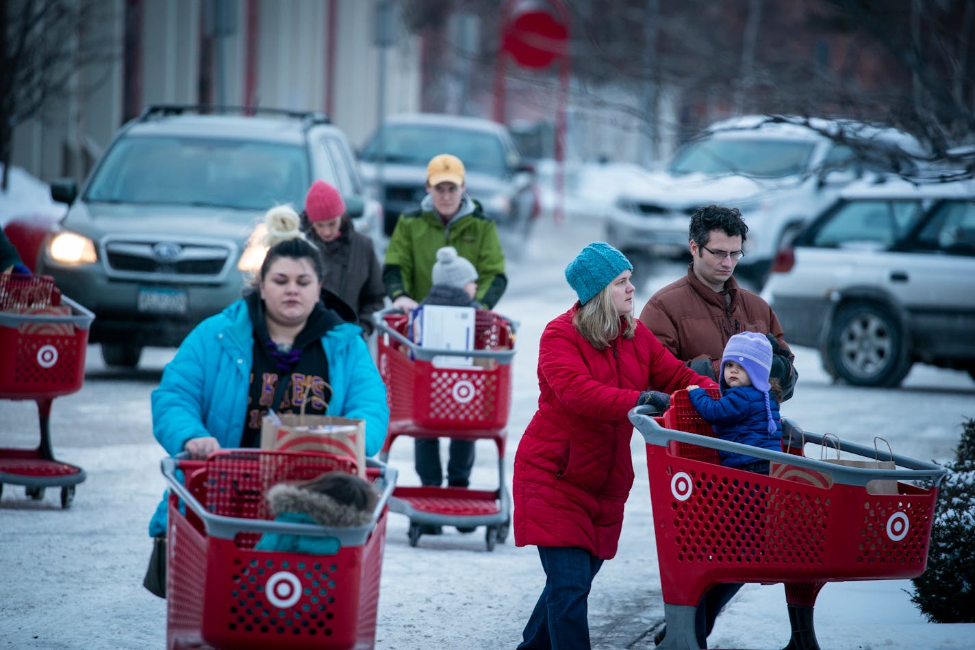 Late-afternoon shoppers at Target in St. Paul on Monday stocked up as temperatures began to fall. Lows are expected to hit 30 below zero by Wednesday.