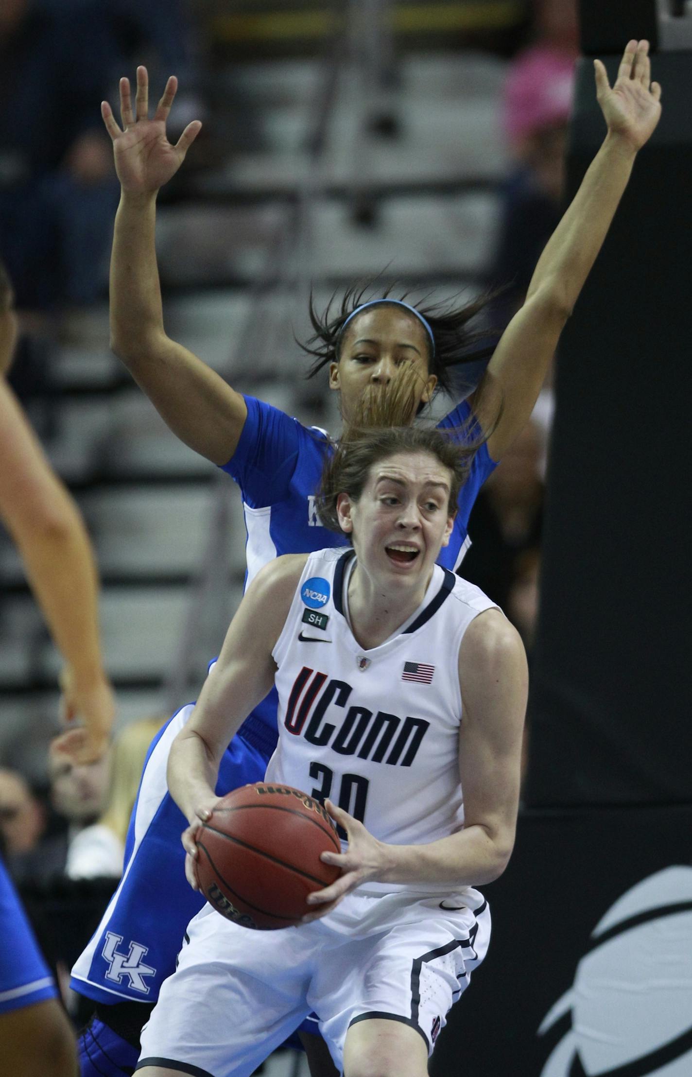 Connecticut forward Breanna Stewart (30) in the first half of a women's NCAA regional final basketball game in Bridgeport, Conn., Monday, April 1, 2013. (AP Photo/Charles Krupa)