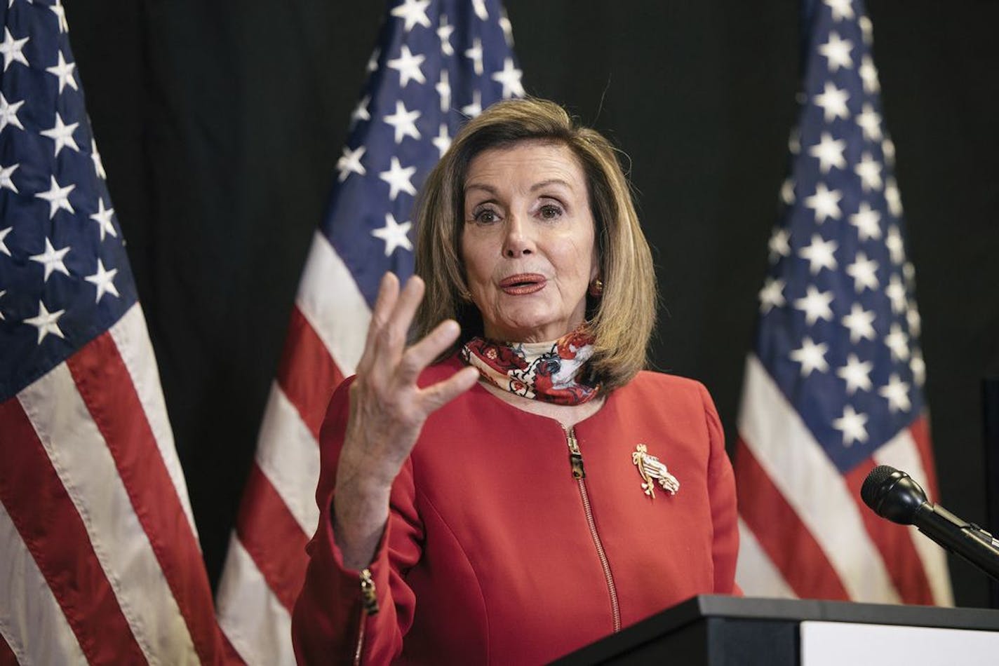 Speaker of the House Nancy Pelosi, D-Calif., talks to reporters about Election Day results in races for the House of Representatives, at Democratic National Committee headquarters in Washington, Tuesday, Nov. 3, 2020. She was joined on a video call by Rep. Cheri Bustos, D-Ill., chairwoman of the Democratic Congressional Campaign Committee.