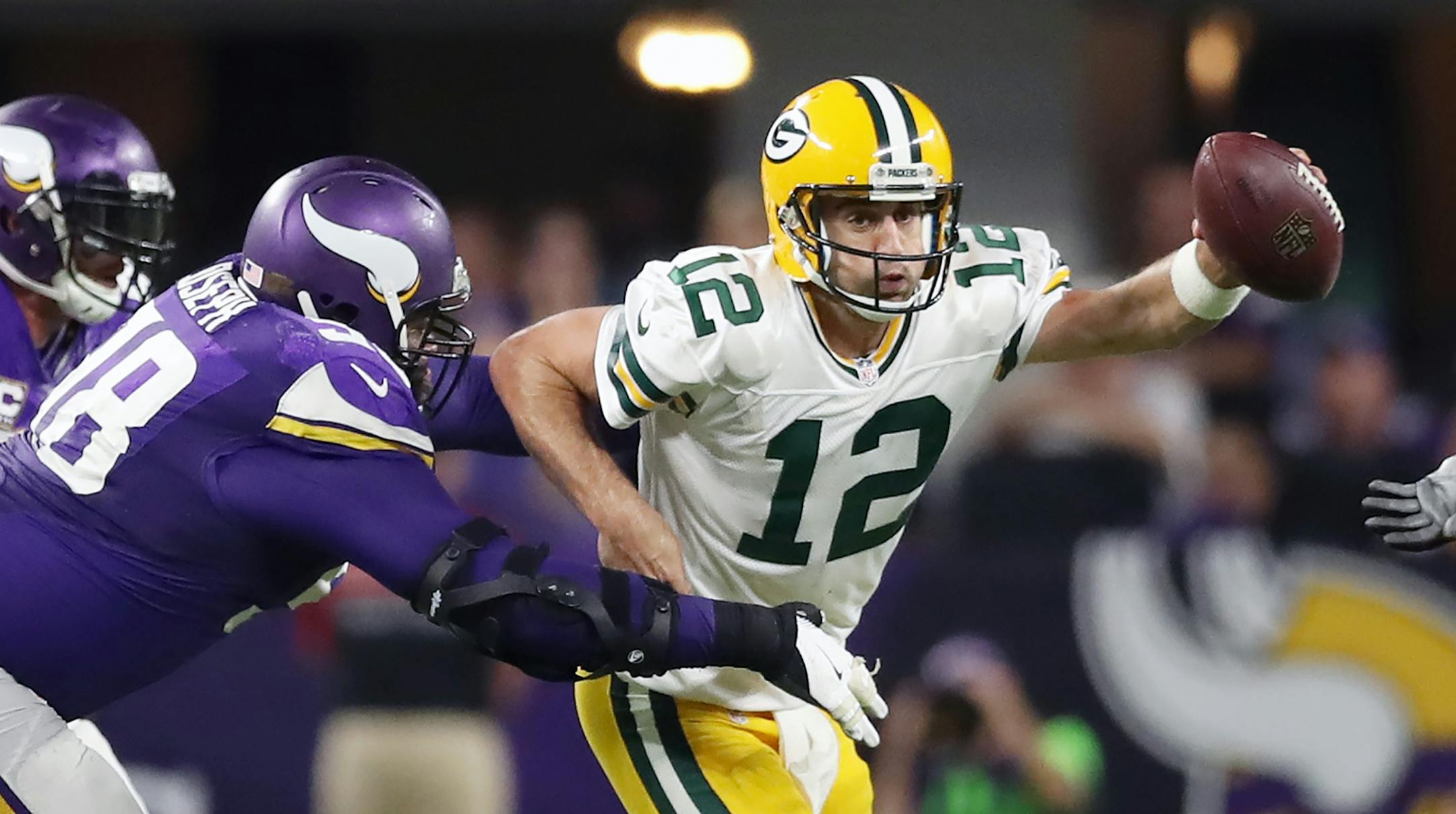 Vikings Linval Joseph sacks Packers QB Aaron Rodgers on their final drive.The Minnesota Vikings open the new US Bank Stadium for their first home regular season game against the Green Bay Packers. Here,