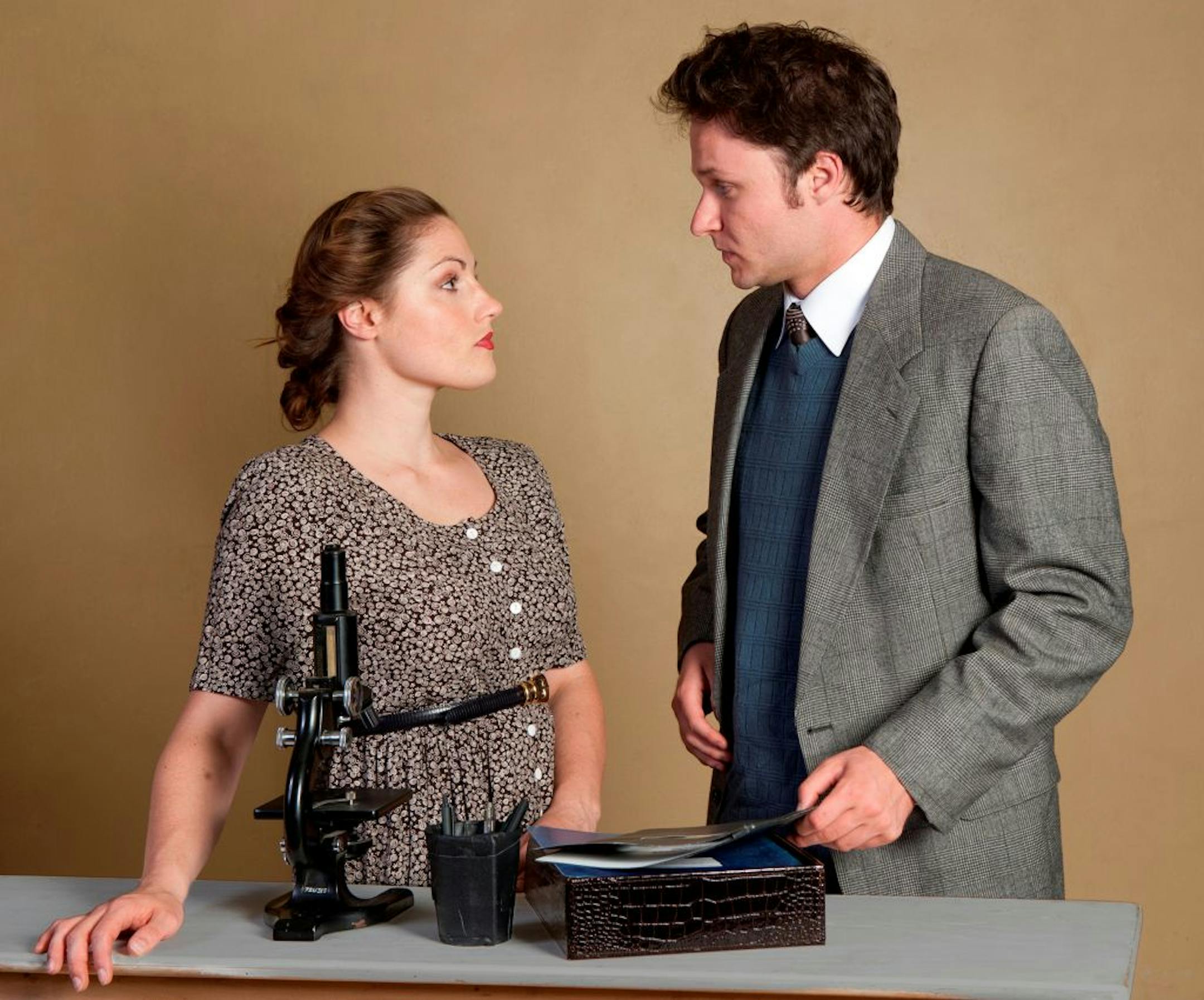 Minnesota Jewish Theatre Company Bethany Ford as Rosalind Franklin and Brandon Ewald as Gosling in Minnesota Jewish Theatre Company�s production "Photograph 51."