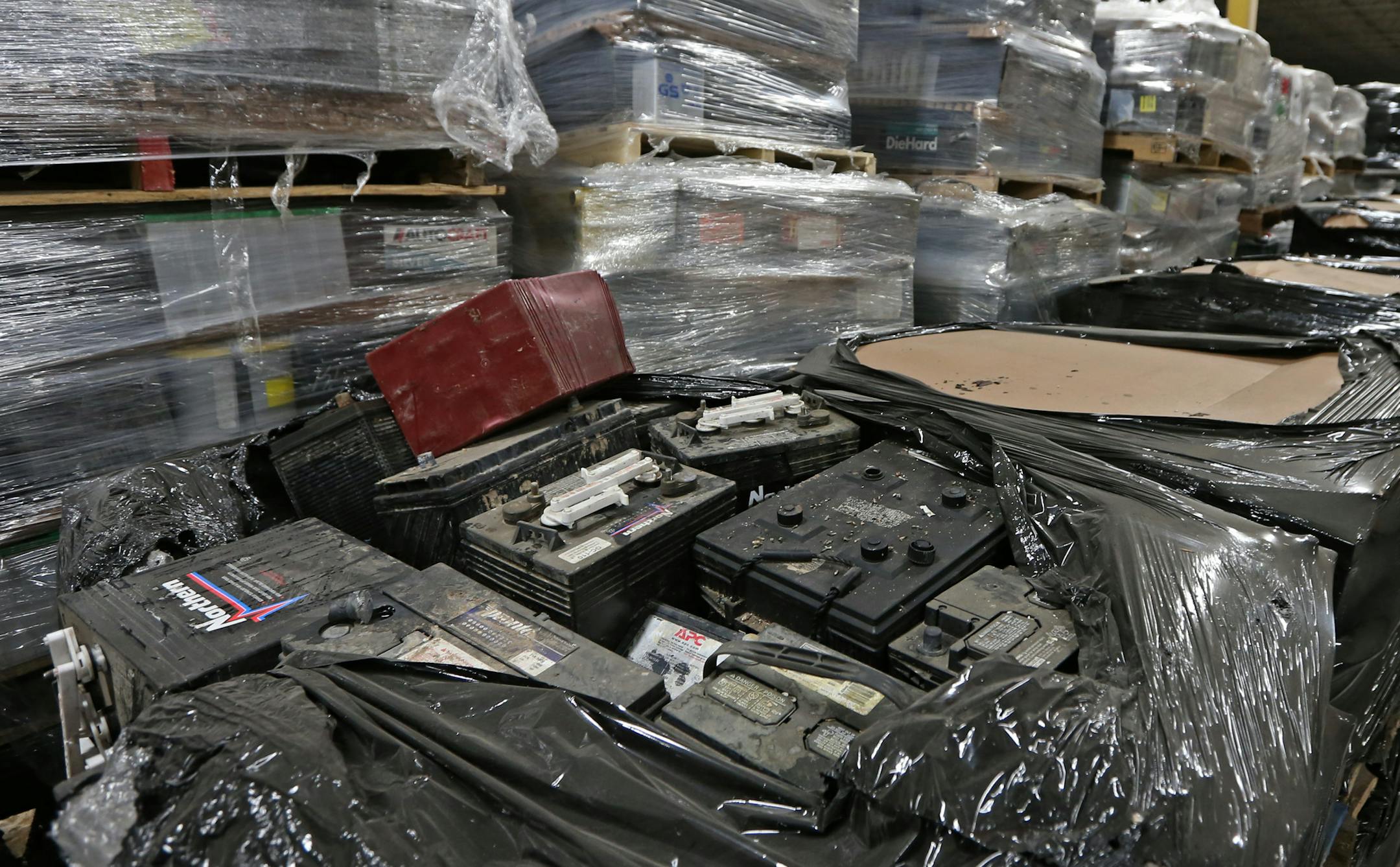 Lead acid batteries, mostly from cars, were stored at a Gopher Resource warehouse awaiting to be recycled by the Eagan-based company. Eagan-based Gopher Resource recycles the lead and plastic out of millions of car/truck batteries a year (That equals 540 million pounds of lead and 30 million pounds of plastic each year.) Gopher Resource has plants in Eagan, Mn. and Florida. The company added 72 workers last year in Minnesota, and just opened a Florida plant, and is increasing total production ab