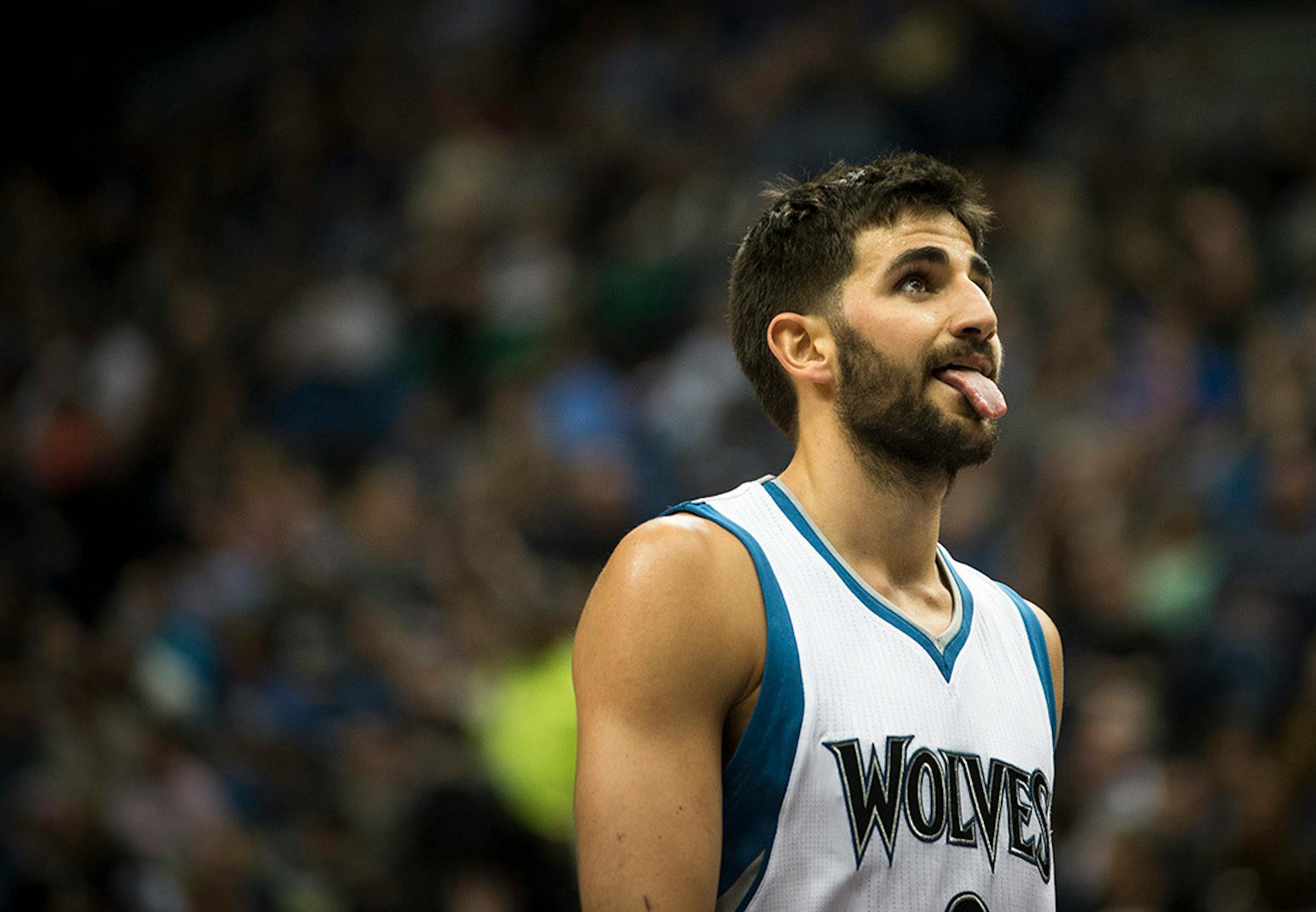 Minnesota Timberwolves guard Ricky Rubio (9) sticks out his tongue after missing a shot against the Denver Nuggets in March.
