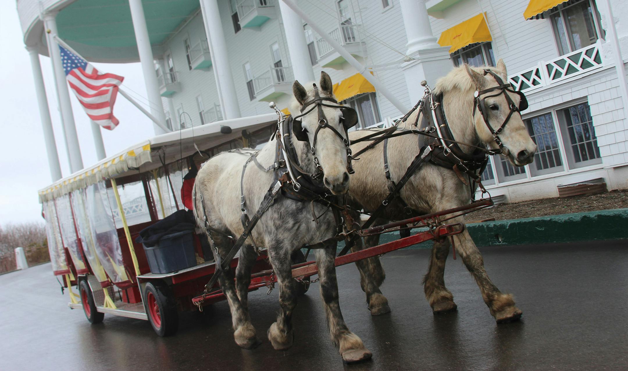 Horses pull a carriage on the grounds of The Grand Hotel on Mackinac Island. (Ellen Creager/Detroit Free Press/TNS) ORG XMIT: 1765274